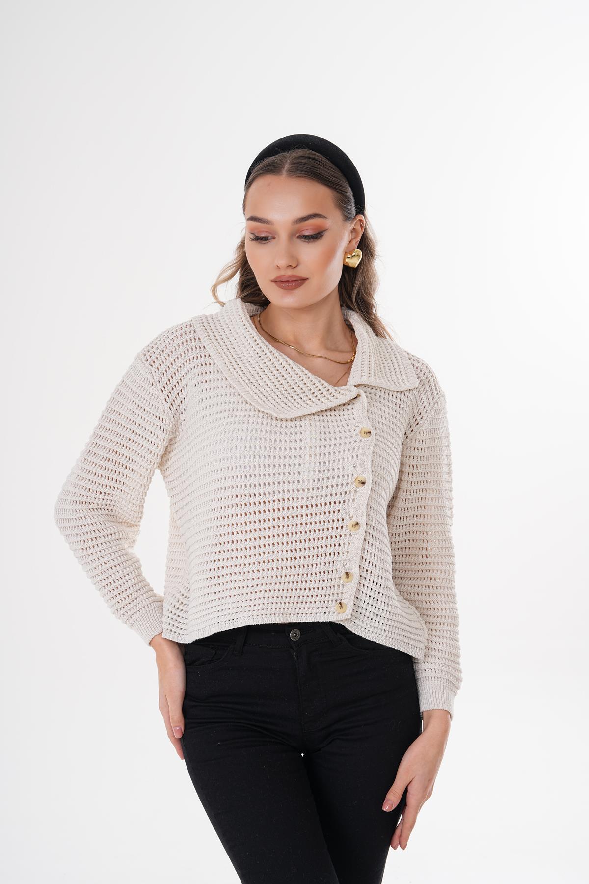 ŞİMAL-Women's Collared Side Button Closed Knitwear Knitted Cardigan 250344   - 1