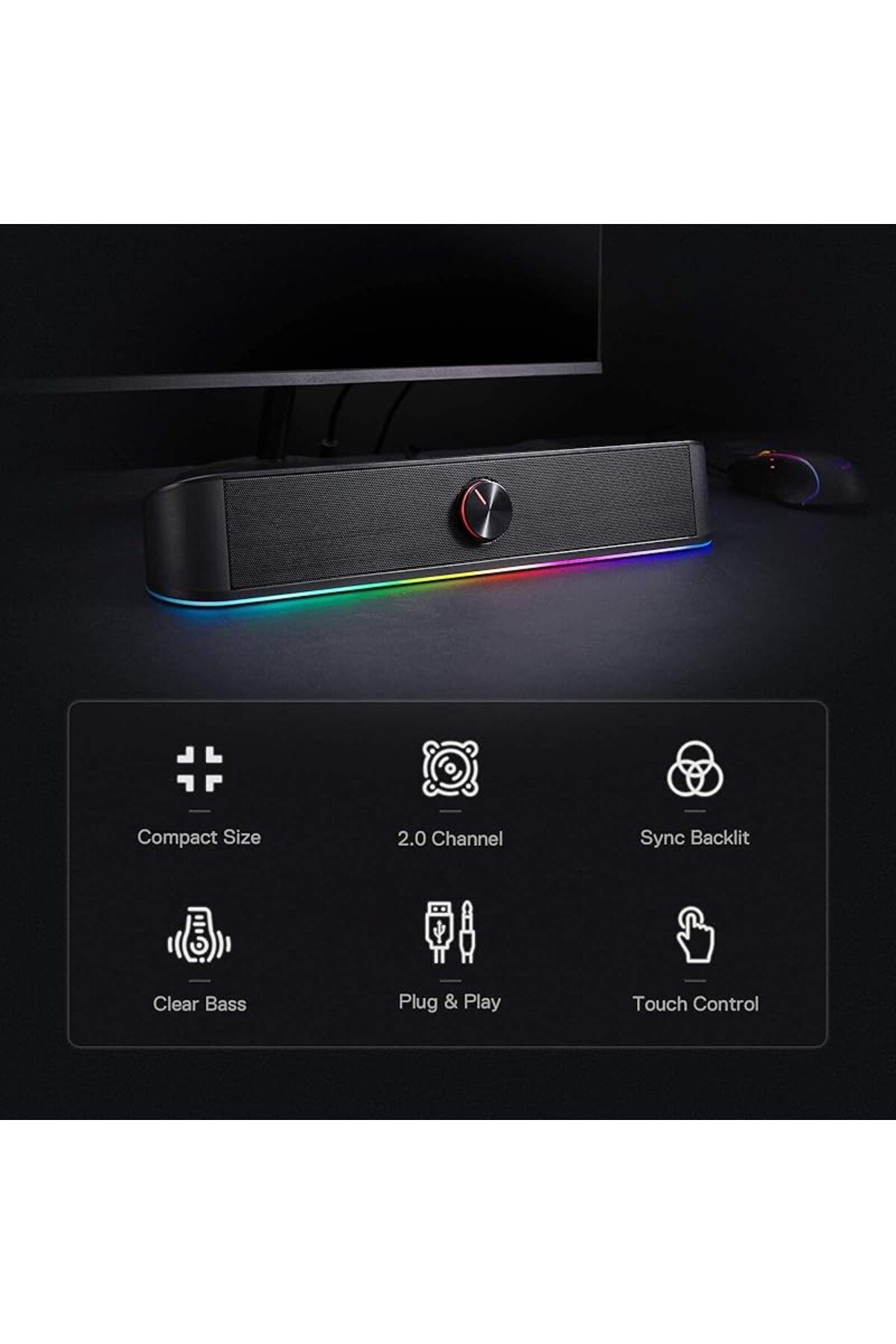 COOYA-Computer speaker,Desktop Soundbar with Dynamic Lighting Bar Audio-Light Sync, Touch-Control Backlit 6