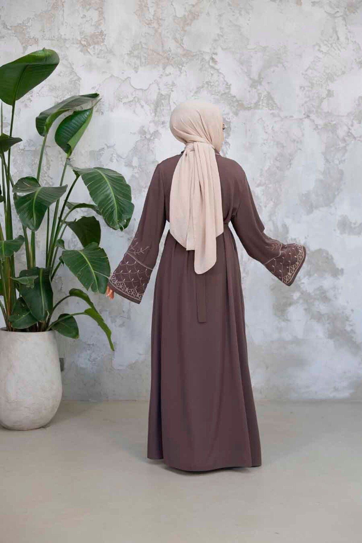 Neva Style-Embroidery Patterned Brown Hijab Abaya Suit 29126Kh 3