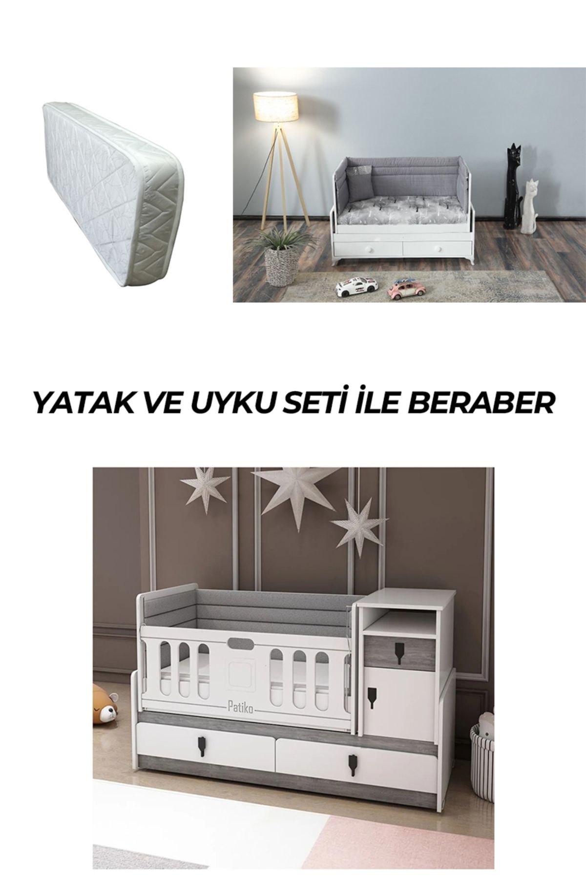 PATİKO FURNİTURE R 131 BERLİN BÜYÜYEBİLEN BEŞİK YATAK VE UYKU SETİ İLE BİRLİKTE