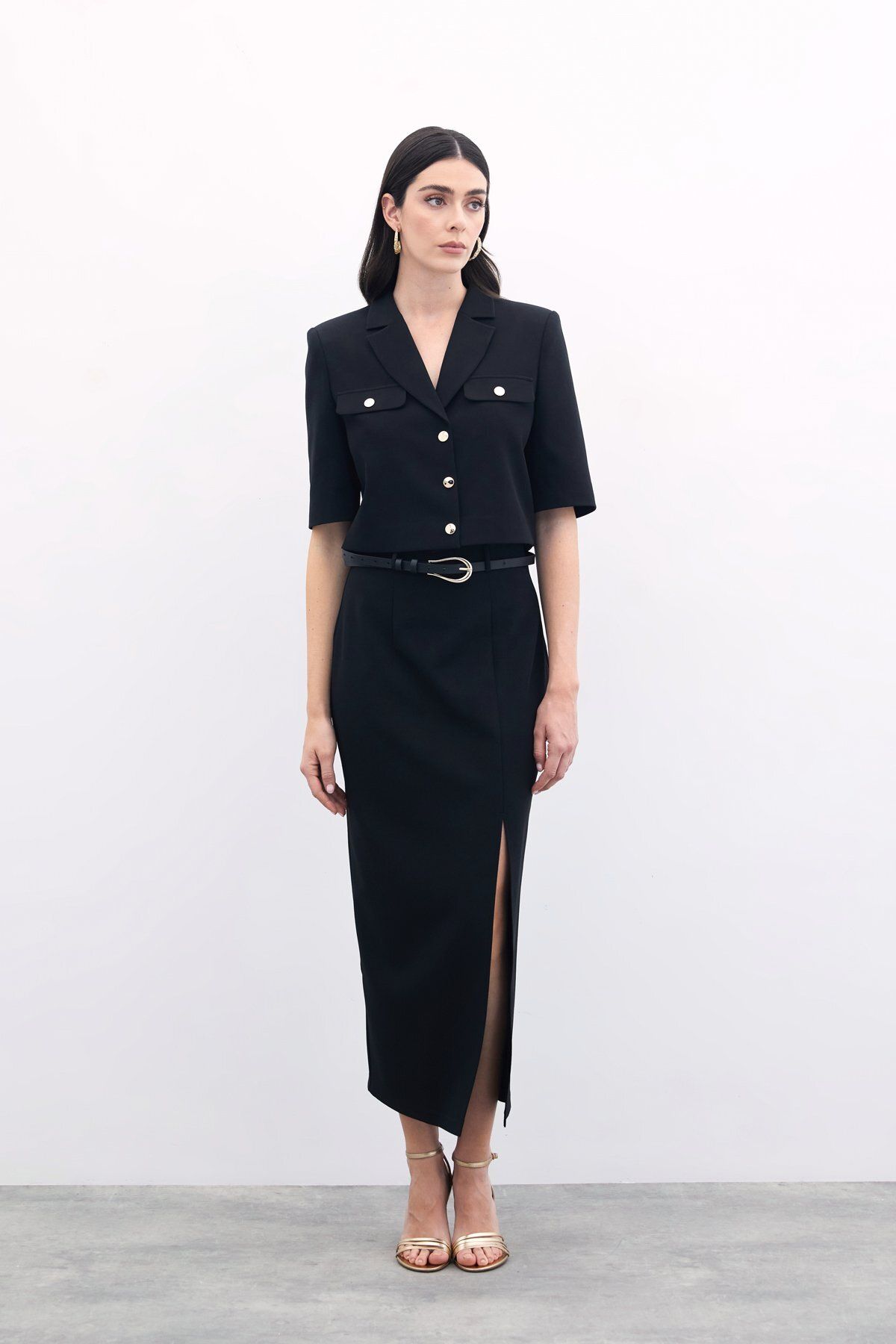 Sateen-Slit Belted Long Skirt - Black 5