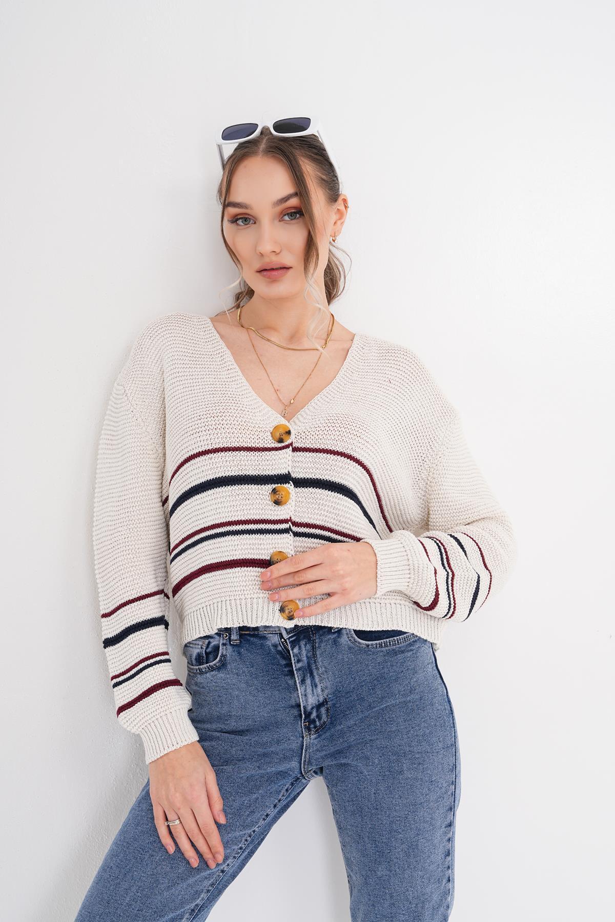 ŞİMAL-Women's Stripe Patterned Button Closure Knitwear Knitted Cardigan 250393   - 4