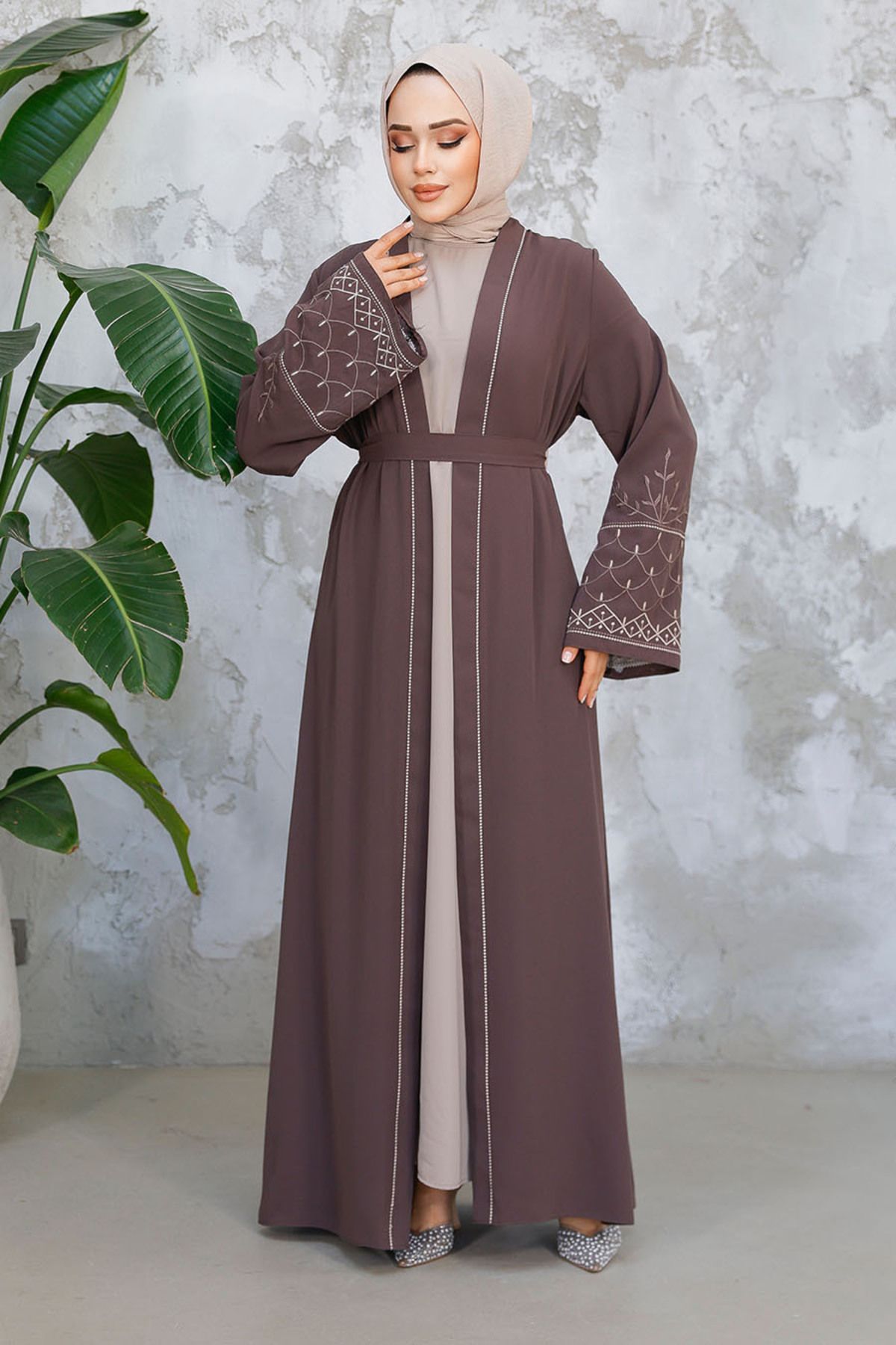 Neva Style-Embroidery Patterned Brown Hijab Abaya Suit 29126Kh 1