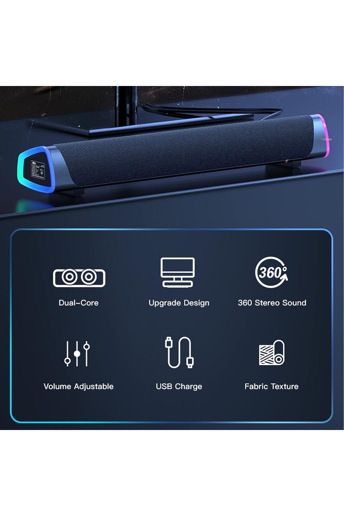 COOYA-مكبر صوت كمبيوتر سلكي بمنفذ USB، شريط صوت RGB، صوت محيطي ثلاثي الأبعاد مع مقبض للتحكم في مستوى الصوت ومدخل صوت 3.5 ملم 6