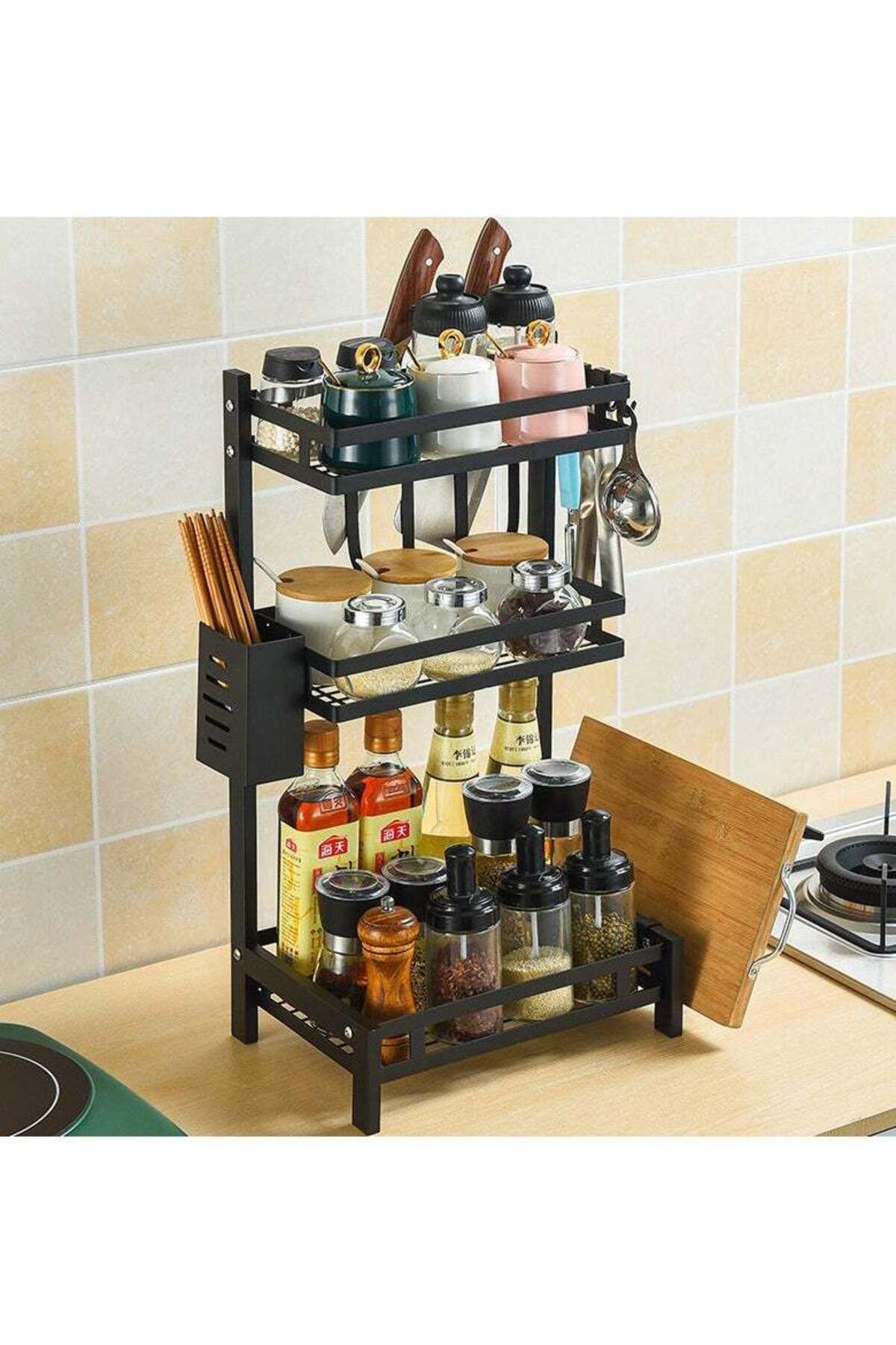 COOYA-Spice Rack Shelf Kitchen Organizer 3-Tier, Large Metal Standing Seasoning Jar with Hooks 2