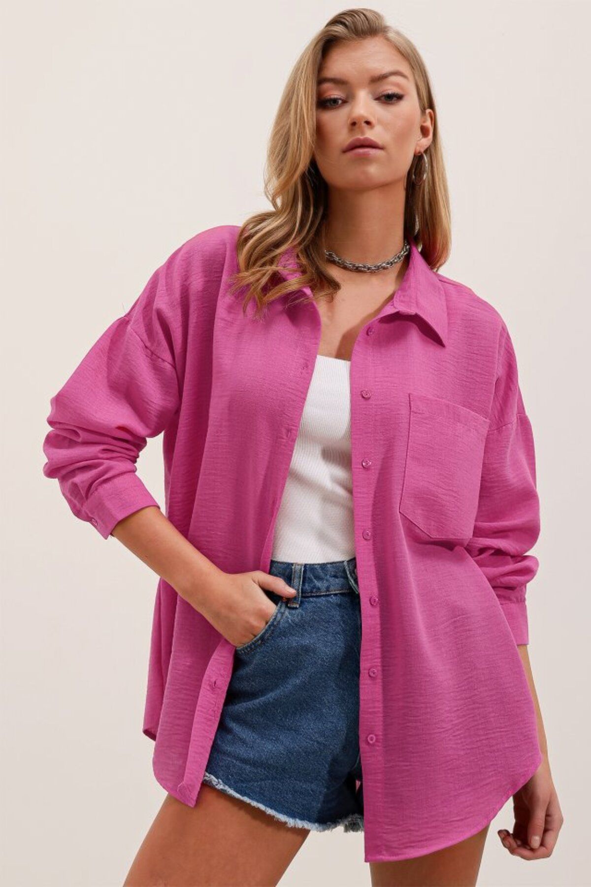 Gökyüzü Moda 20153 Tek Cepli Oversize Gömlek - Fuşya