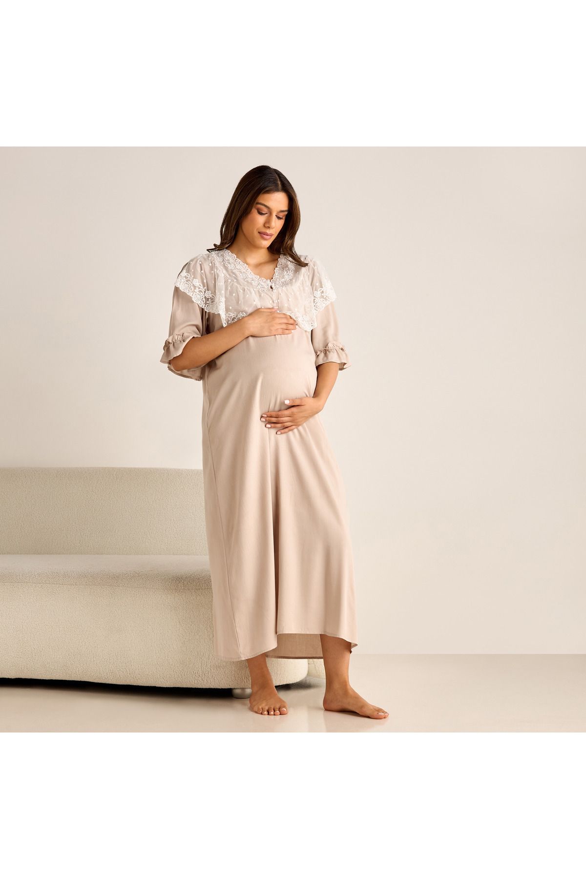 FAV-Lace Detail Maternity Night Gown with 3/4 Sleeves 2