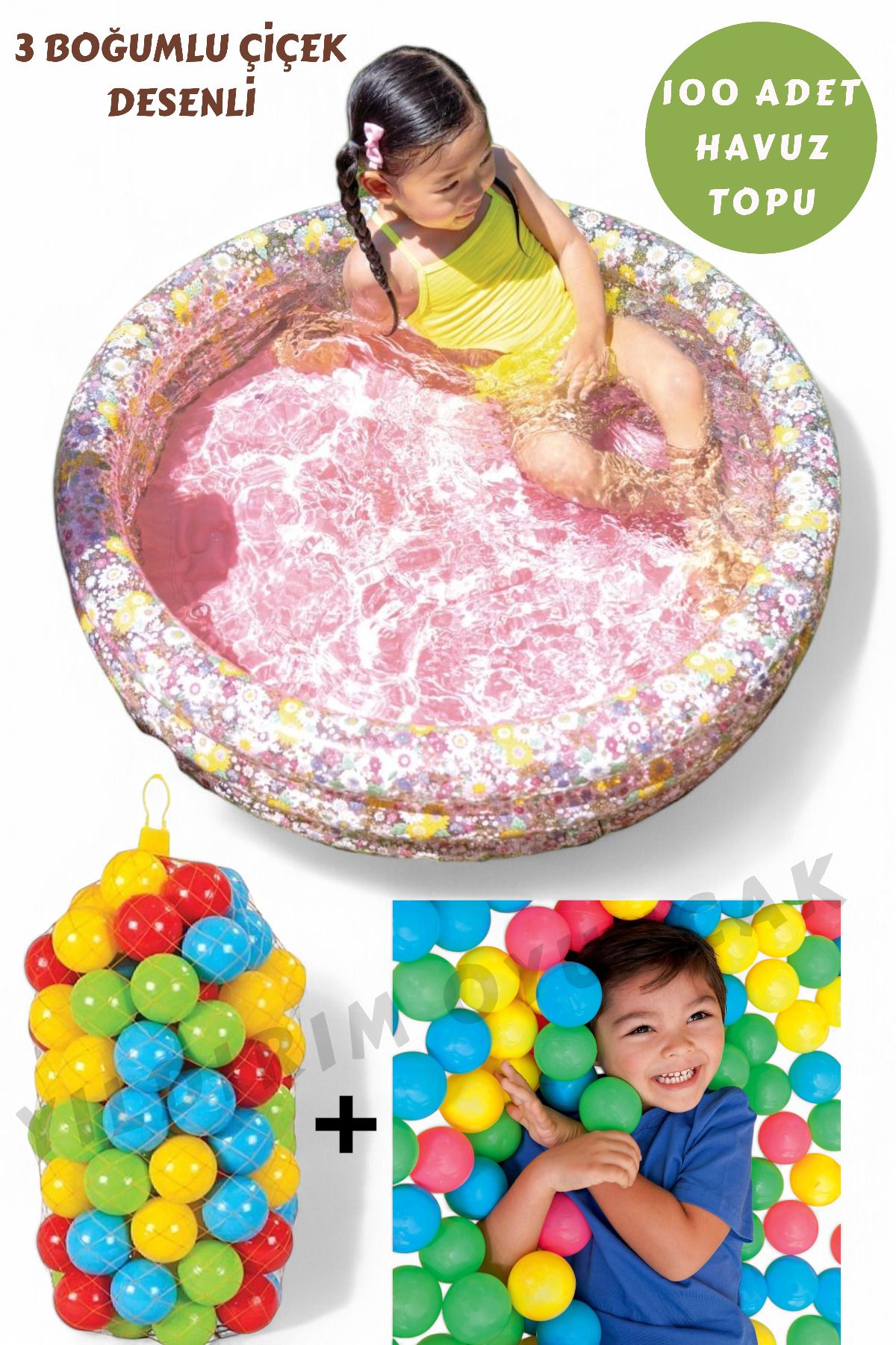 YILDIRIM OYUNCAK 3 Boğumlu Şişme Tabanlı Çiçek Desenli Bebek Çocuk Havuzu 86x25cm 100 Adet Havuz Topu 6 cm Set 2li