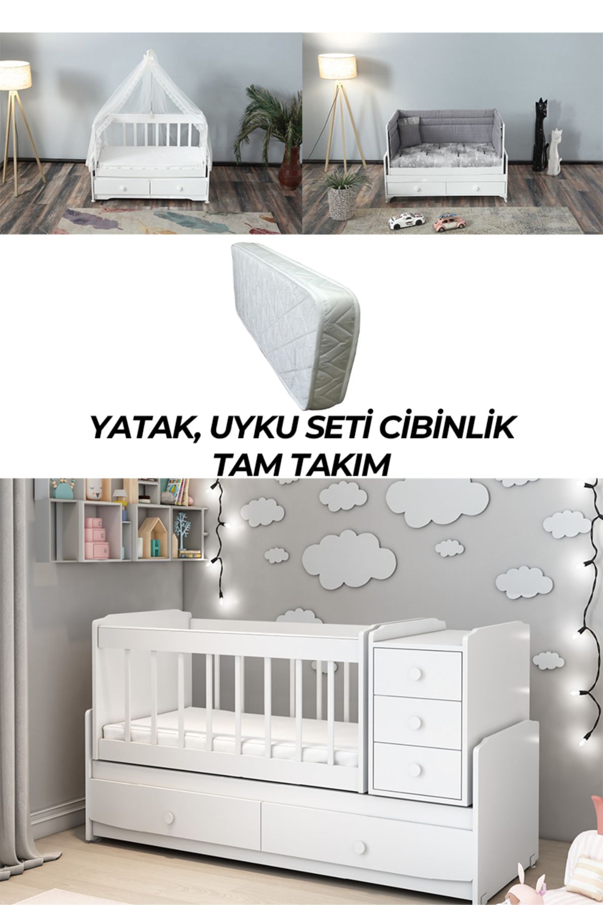 PATİKO FURNİTURE MS 290 BEYAZ BÜYÜYEBİLEN BEŞİK YATAK UYKU SETİ CİBİNLİK TAM TAKIM