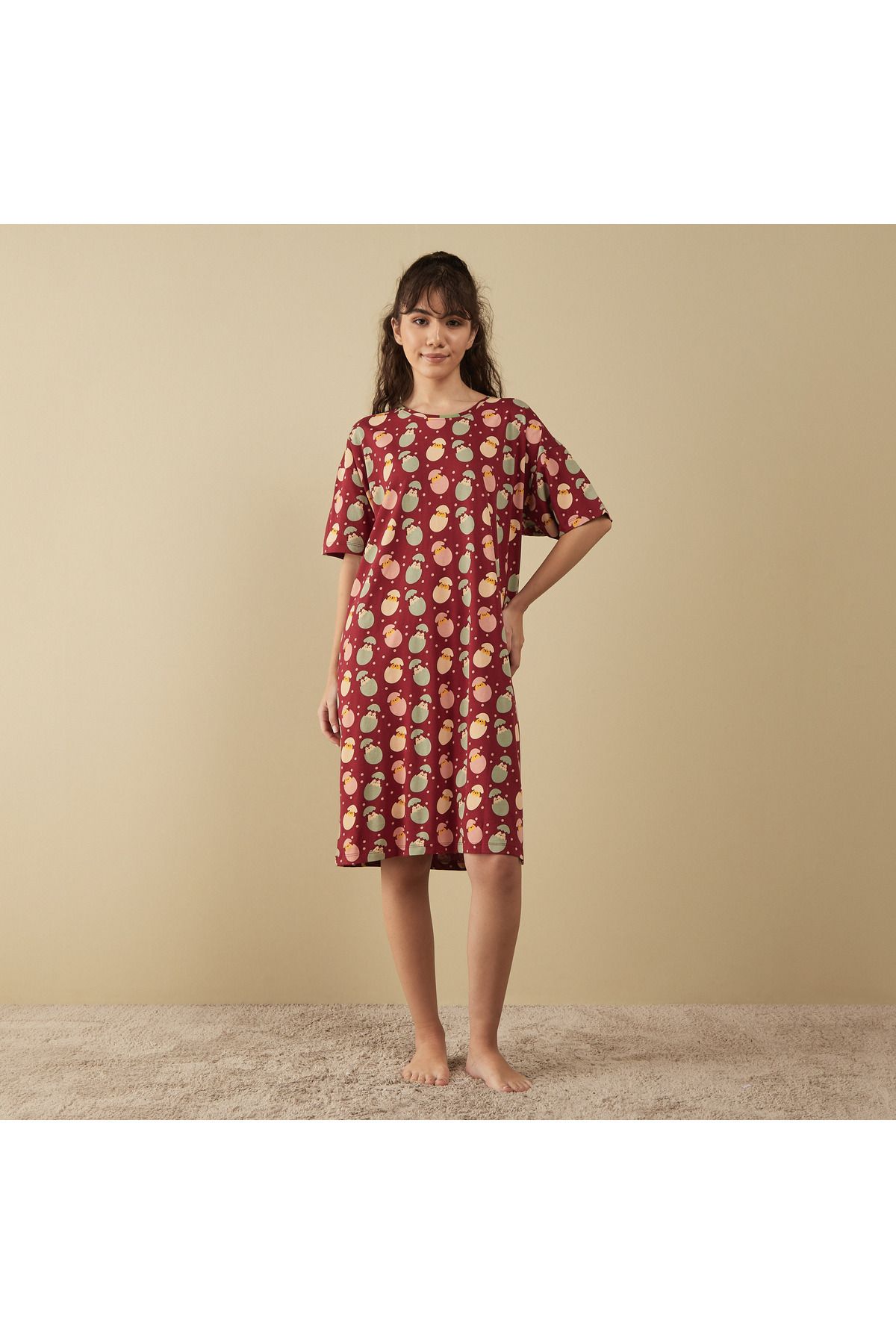 FAV-Printed Sleepshirt with Round Neck and Short Sleeves 2