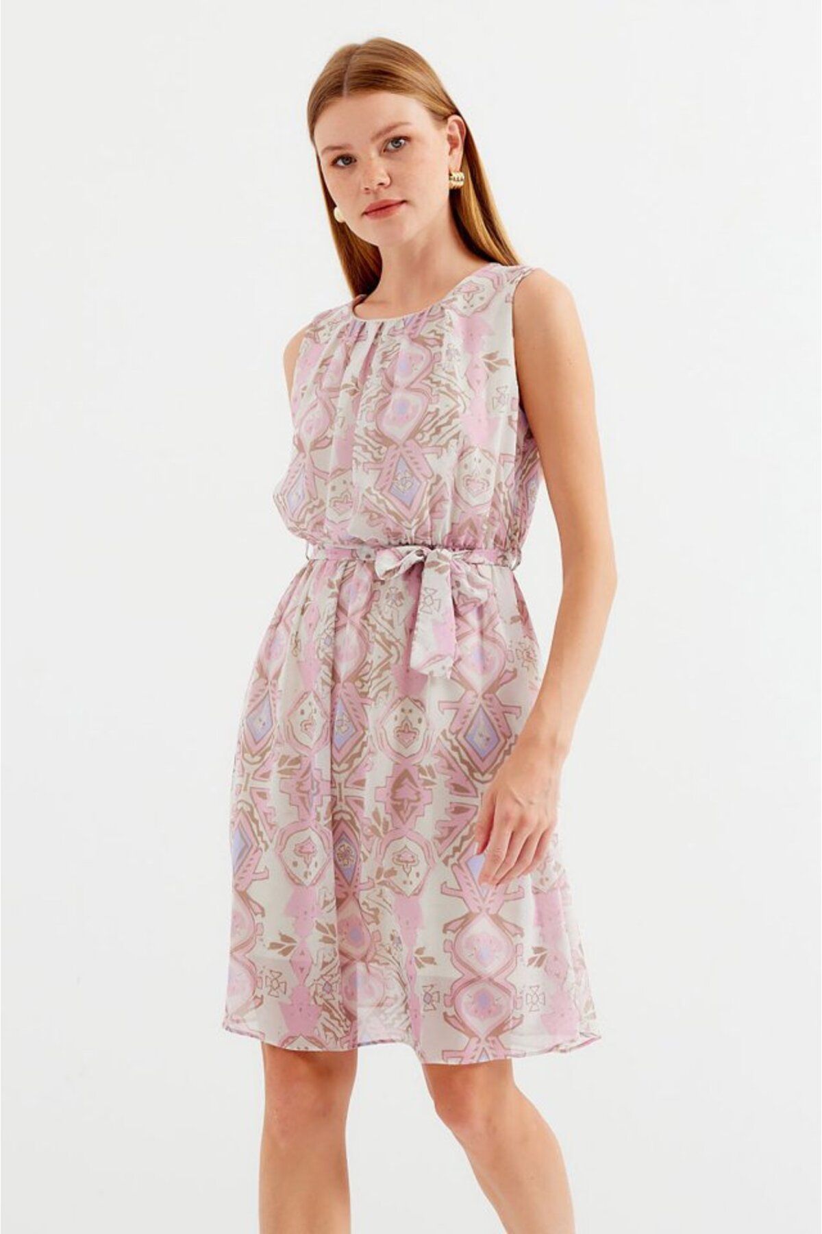 moda wanilia 2501 Desenli Sıfır Kol Şifon Elbise - Pembe