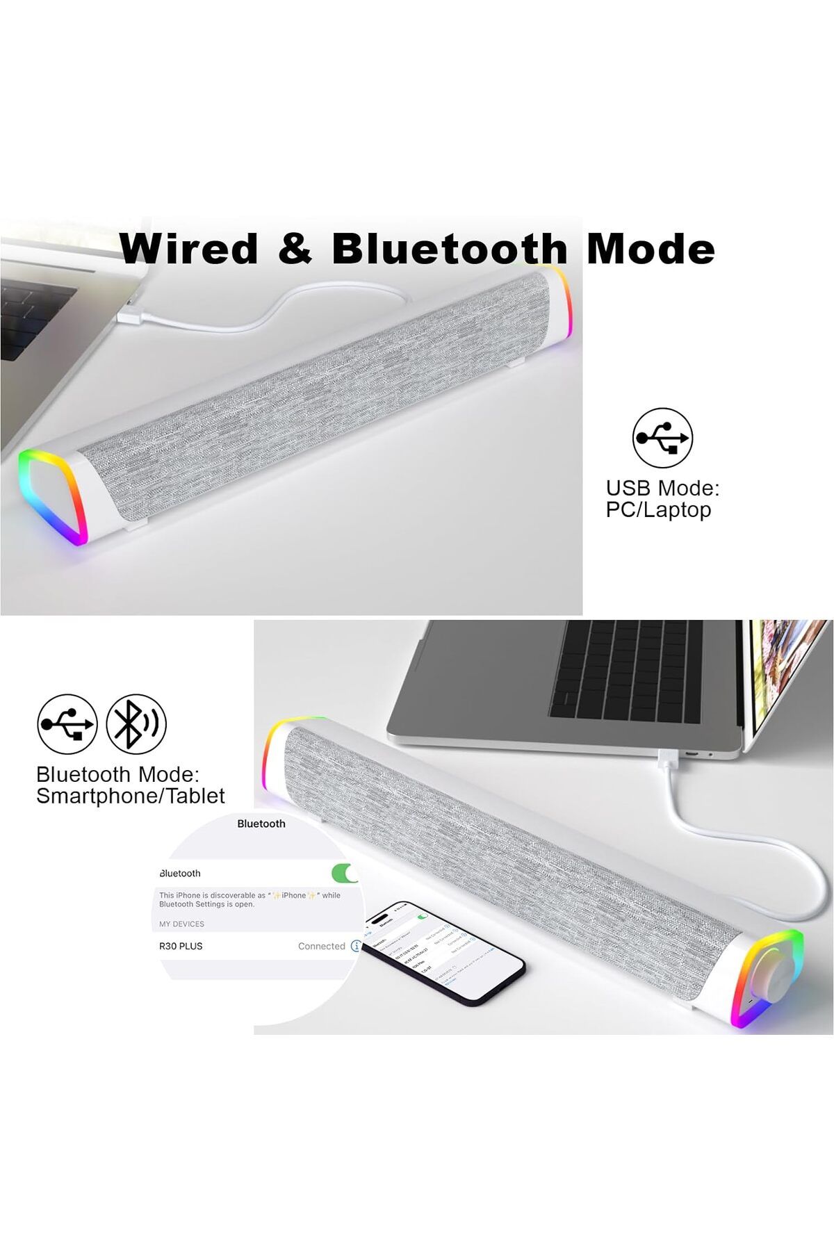 COOYA-Computer Speakers, Wired USB-Powered Bluetooth V5.3 PC Sound Bar, RGB Lights with Switch Button 4