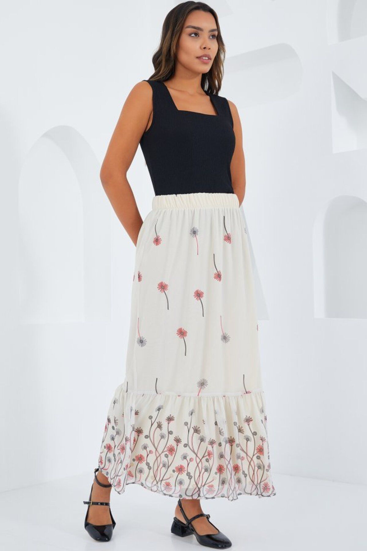 moda wanilia Ekru Desenli Şifon Etek 8010