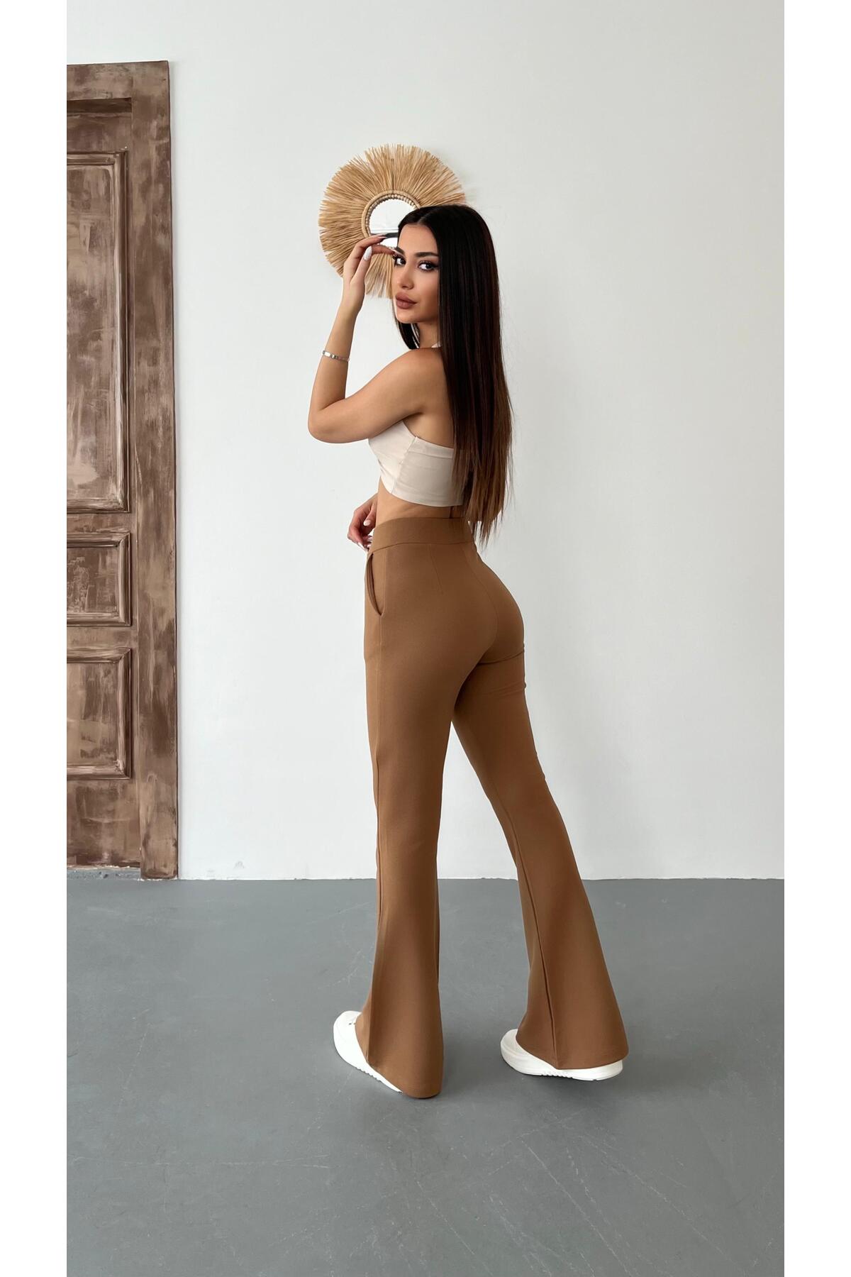 Kadın Yüksek Bel Likralı Esnek İspanyol Paça Kumaş Pantolon Taba 4