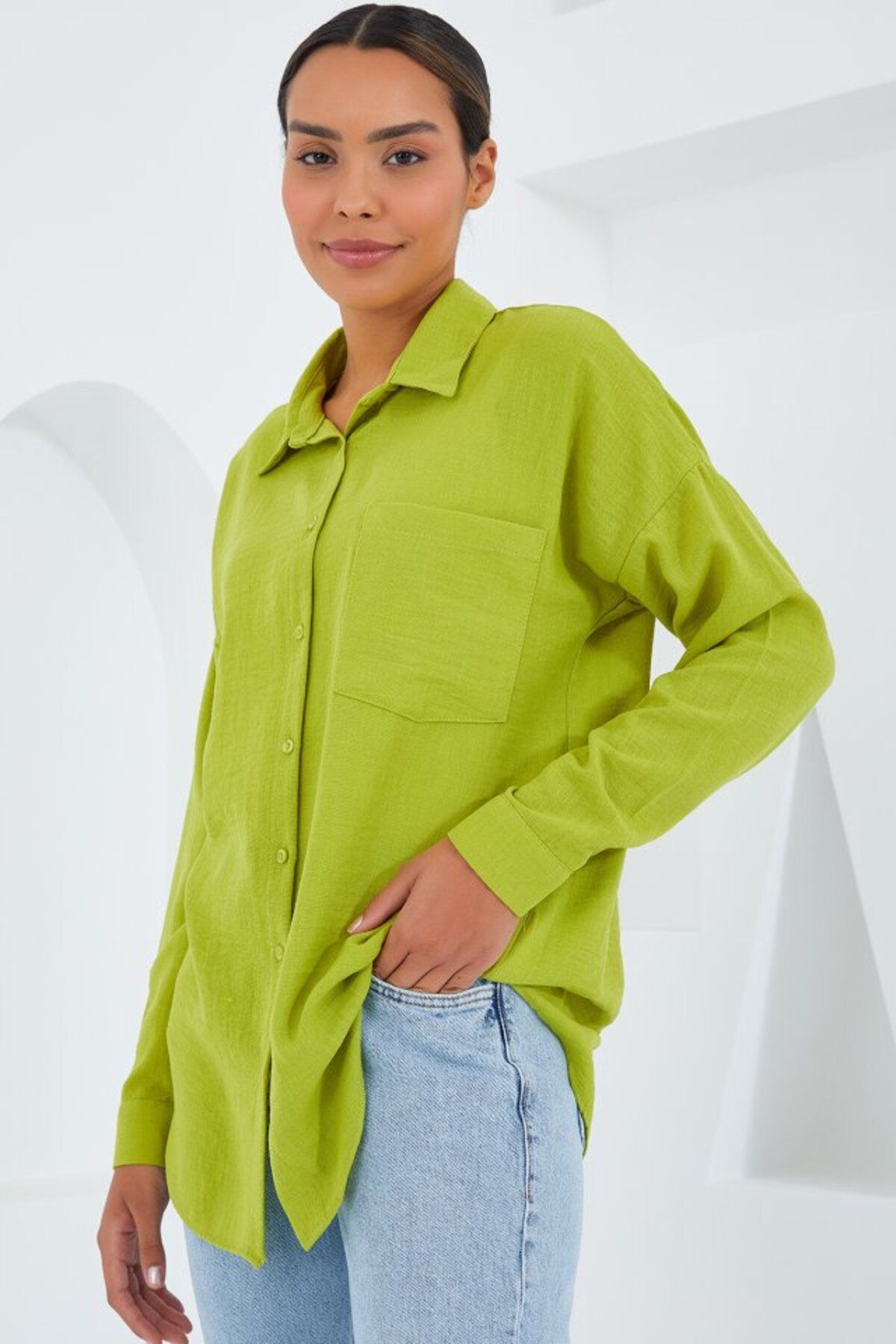 MHT STORE 20153 Tek Cepli Oversize Keten Gömlek - Yağ Yeşil