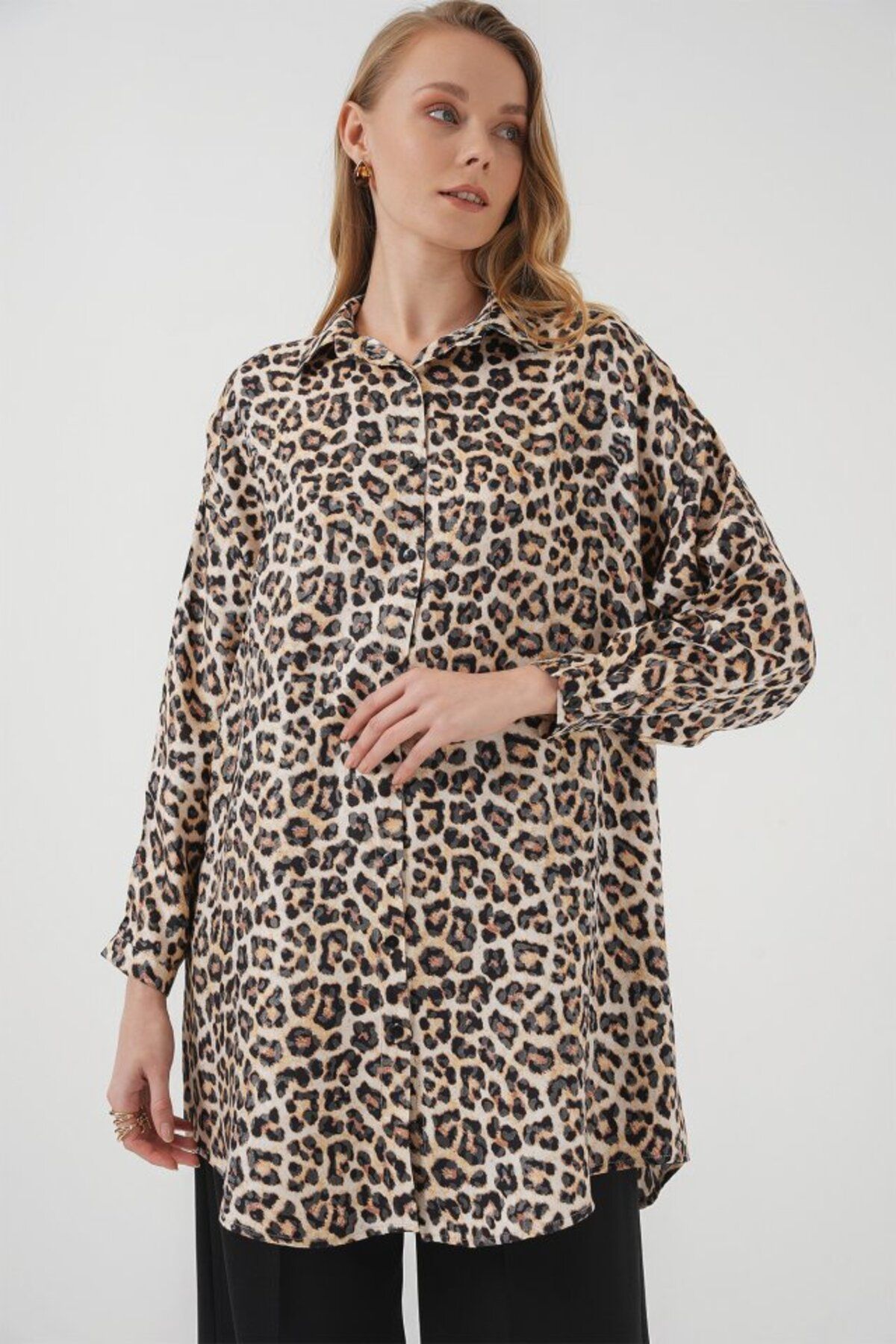 moda wanilia 5944 Desenli Uzun Gömlek Tunik - Bej