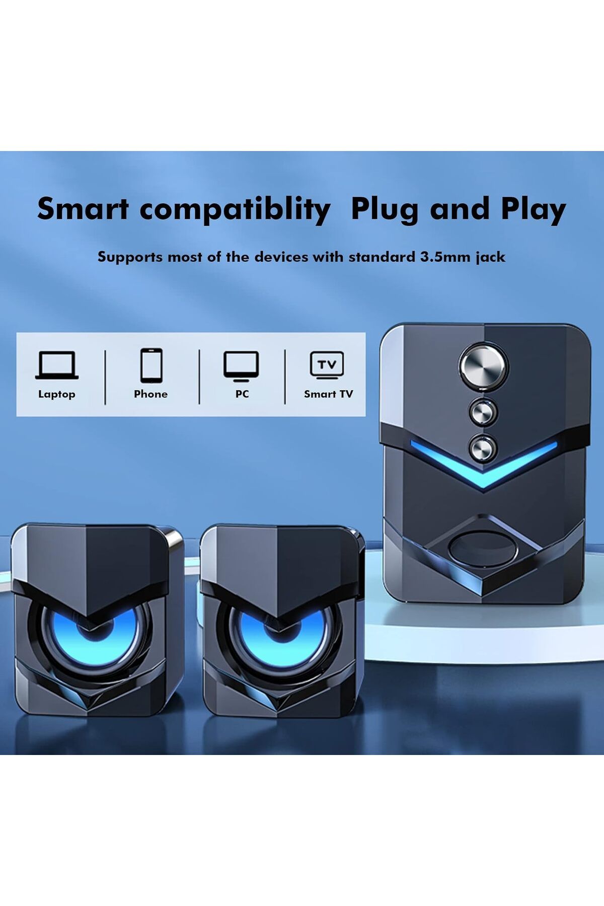 COOYA-Computer Speaker, Subwoofer USB-Powered 2.1 Stereo Multimedia with LED Light 3.5mm Audio Input 3