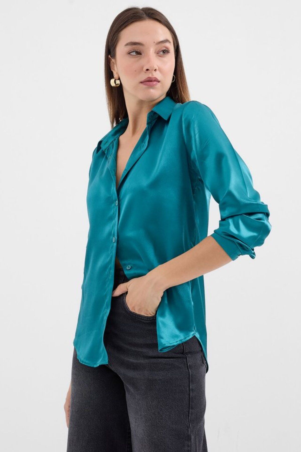 Simala-3964 Lightweight Draped Satin Shirt - A.Green 3