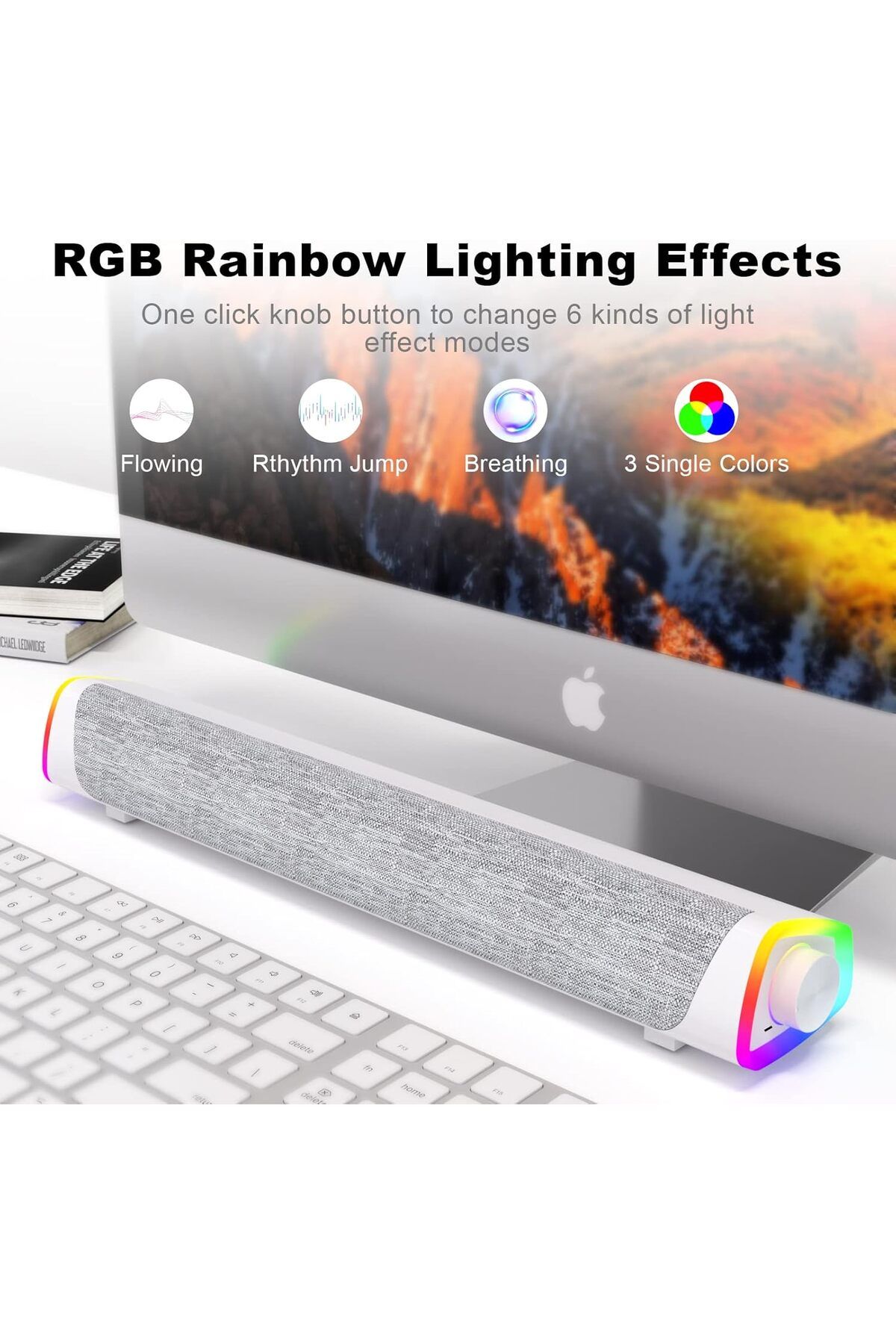 COOYA-Computer Speakers, Wired USB-Powered Bluetooth V5.3 PC Sound Bar, RGB Lights with Switch Button 5