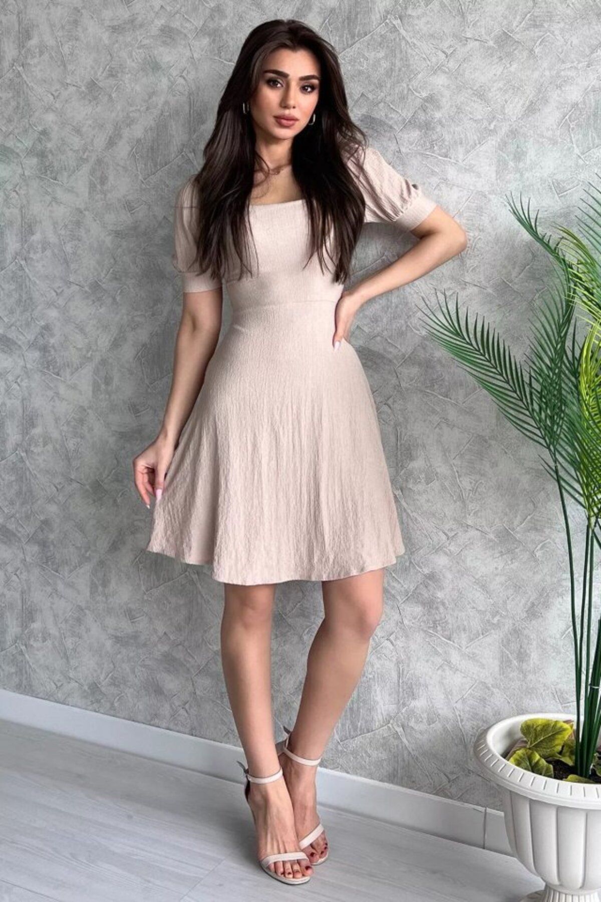moda wanilia 2339 Kare Yaka Örme Elbise - Bisküvi