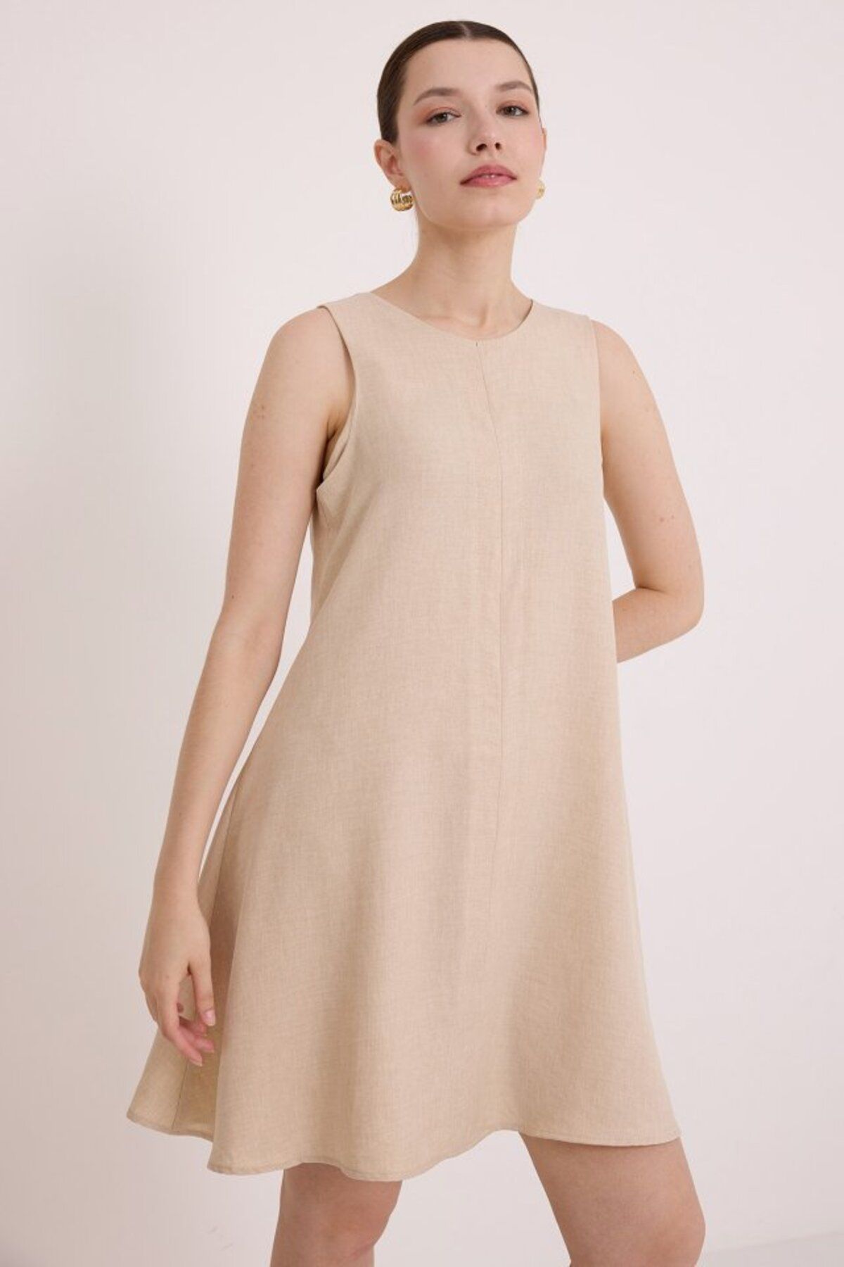 moda wanilia Mini Keten Elbise - Bej