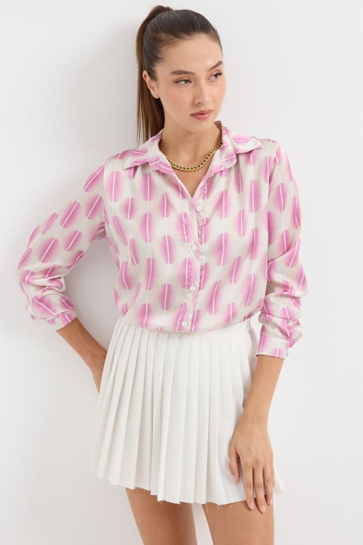 moda wanilia 3964 Hafif Dökümlü Saten Gömlek - B.Pembe