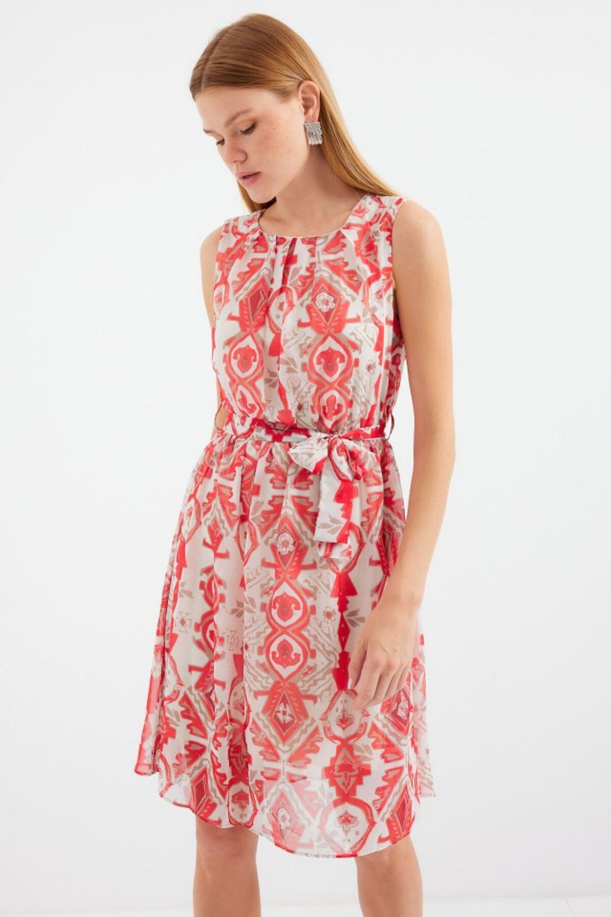 moda wanilia 2501 Desenli Sıfır Kol Şifon Elbise - Kırmızı