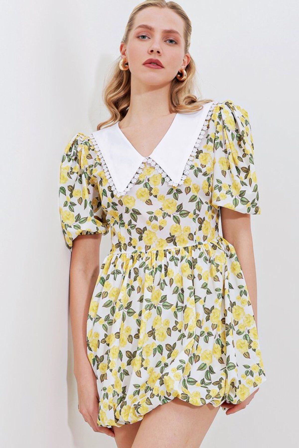 moda wanilia 2478 Çiçekli Mini Elbise - Sarı