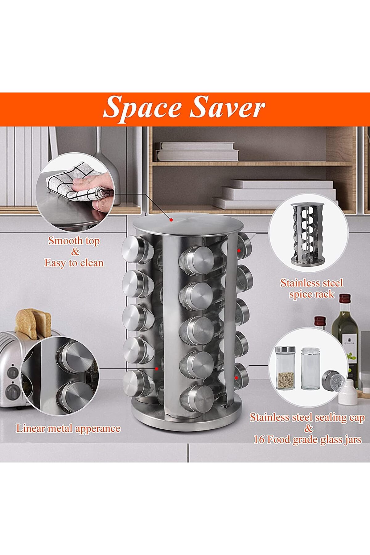 رف توابل دوار مزدوج بسعة 2C مع 20 برطمانًا، مصنوع...