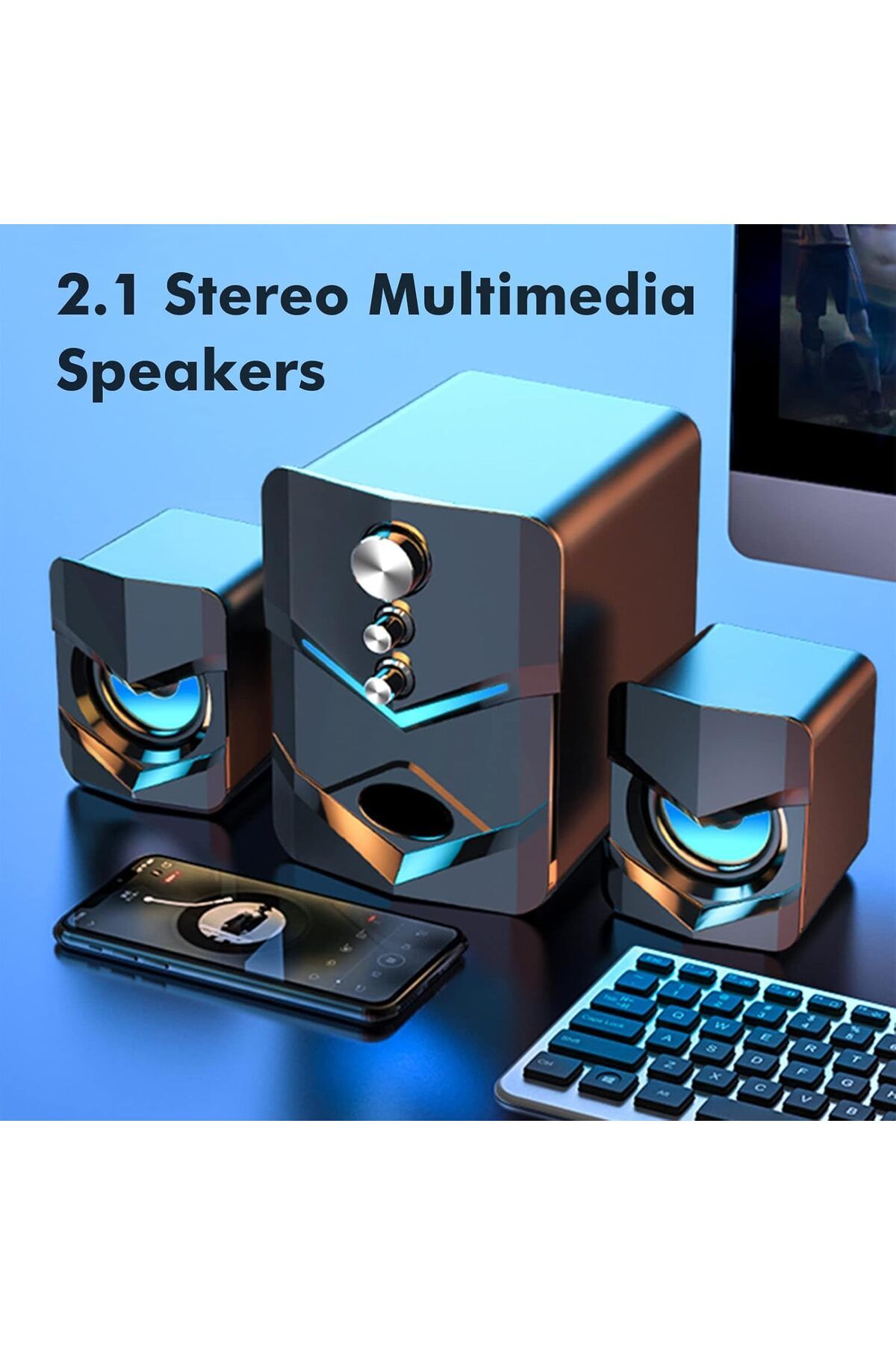 COOYA-Computer Speaker, Subwoofer USB-Powered 2.1 Stereo Multimedia with LED Light 3.5mm Audio Input 2
