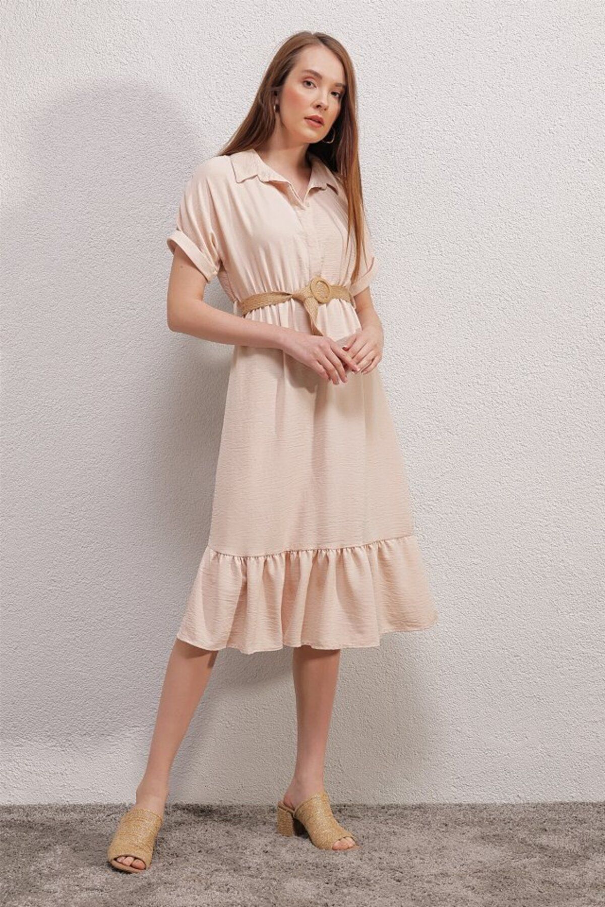 moda wanilia Bigdart 2292 Kemerli Elbise - Krem