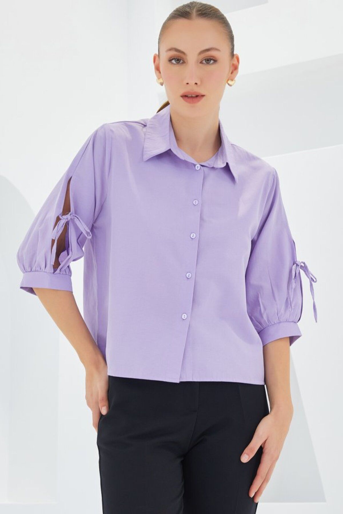 ASFSTORE Kol Detaylı Lila Crop Gömlek 20246