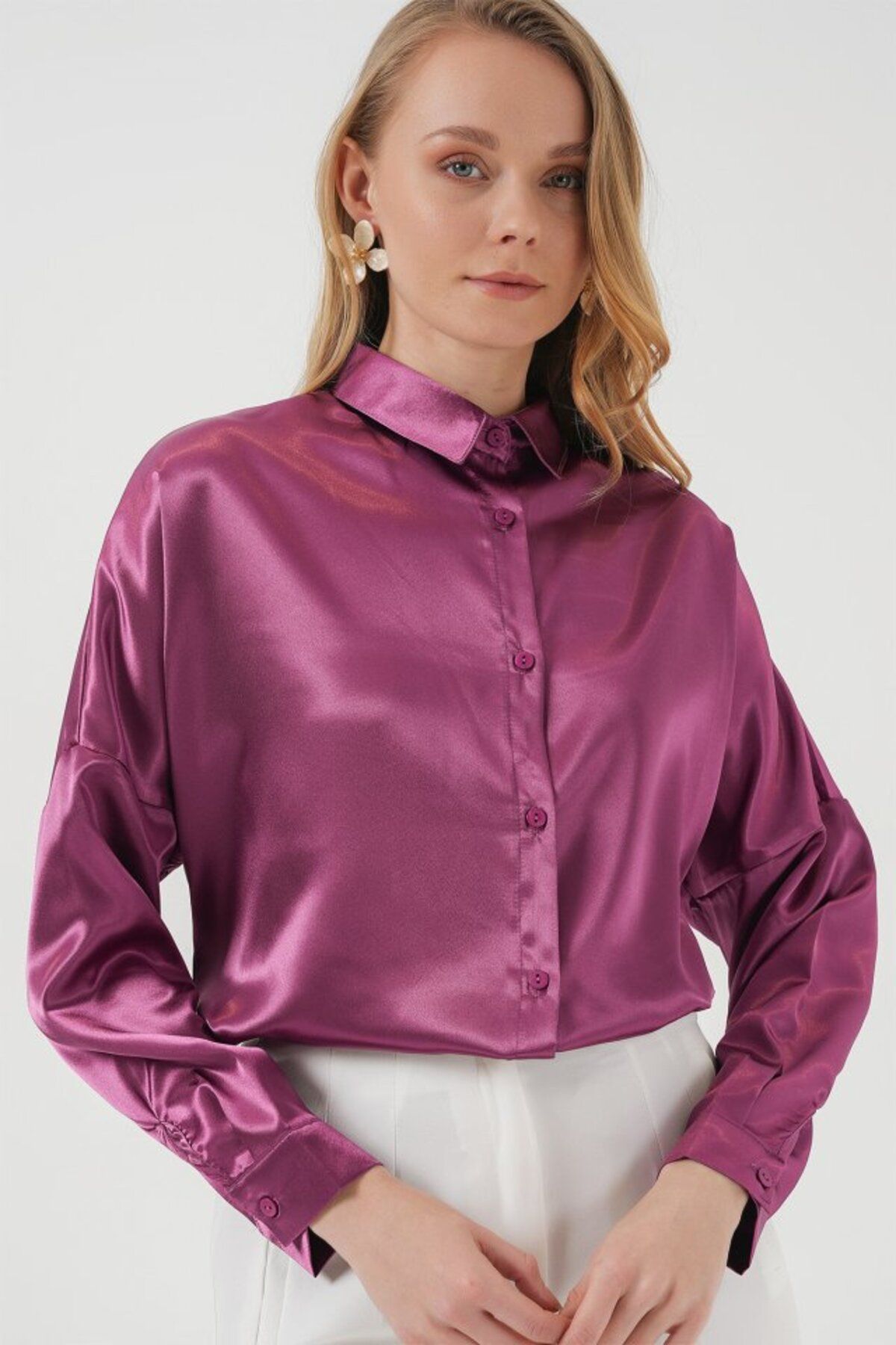 moda wanilia 3985 Oversize Saten Gömlek - Koyu Lila