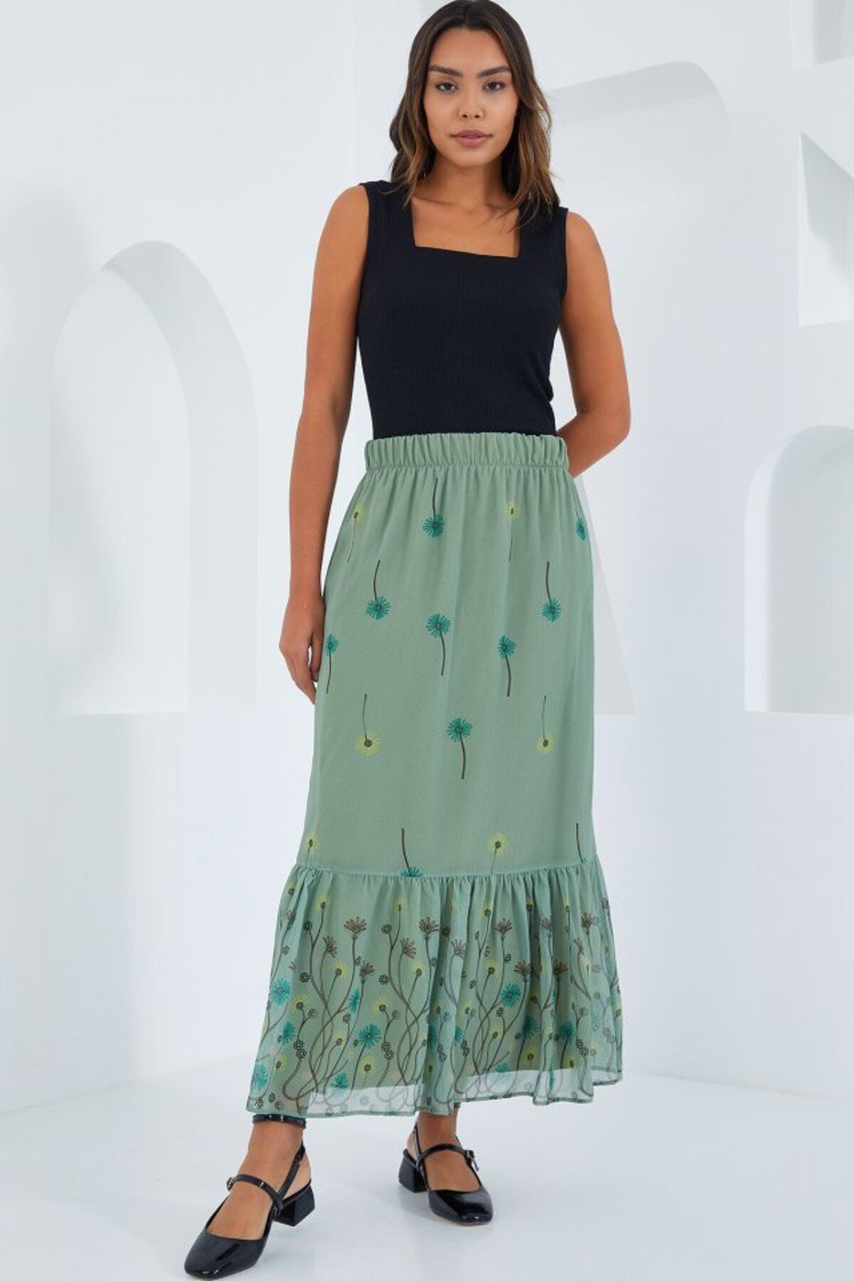 moda wanilia Çağla Desenli Şifon Etek 8010