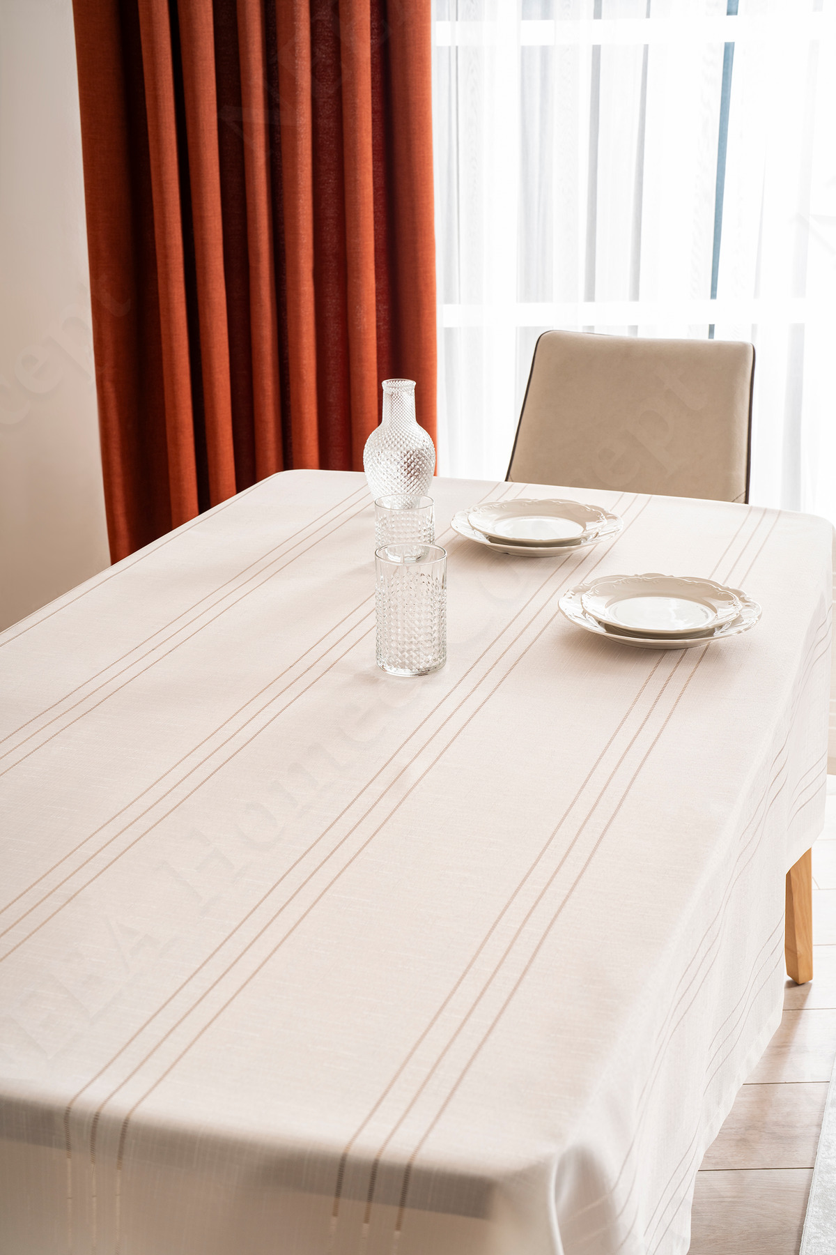 Zer-i Tableware Plain Striped Cream Color Practical Carefree Tablecloth 160 X 220