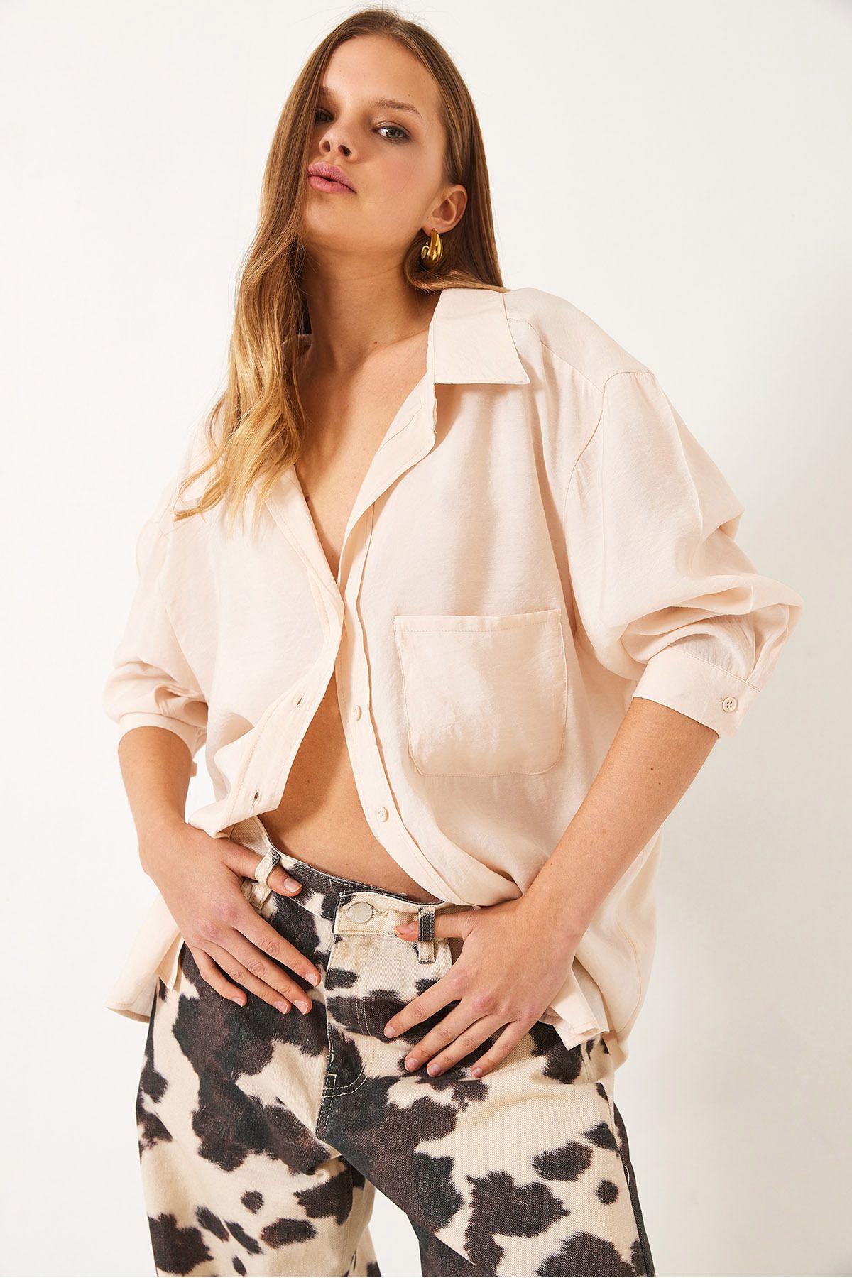 Bianco Lucci-Women's Oversize V-Neck Modal Shirt 60388 60271075 4