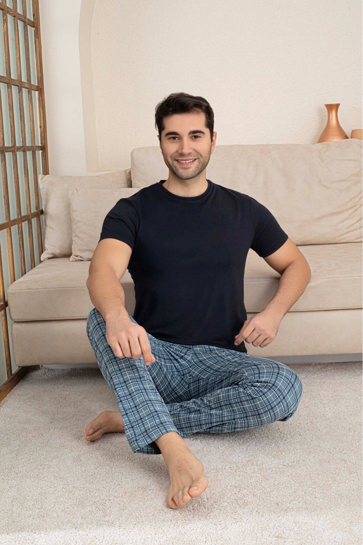 GUAVA+ Set De Pijamale De Vară Modal Cu Mâneci Scurte, Fără Nasturi, Cu Model În Carouri Pentru Bărbați Masculin - L