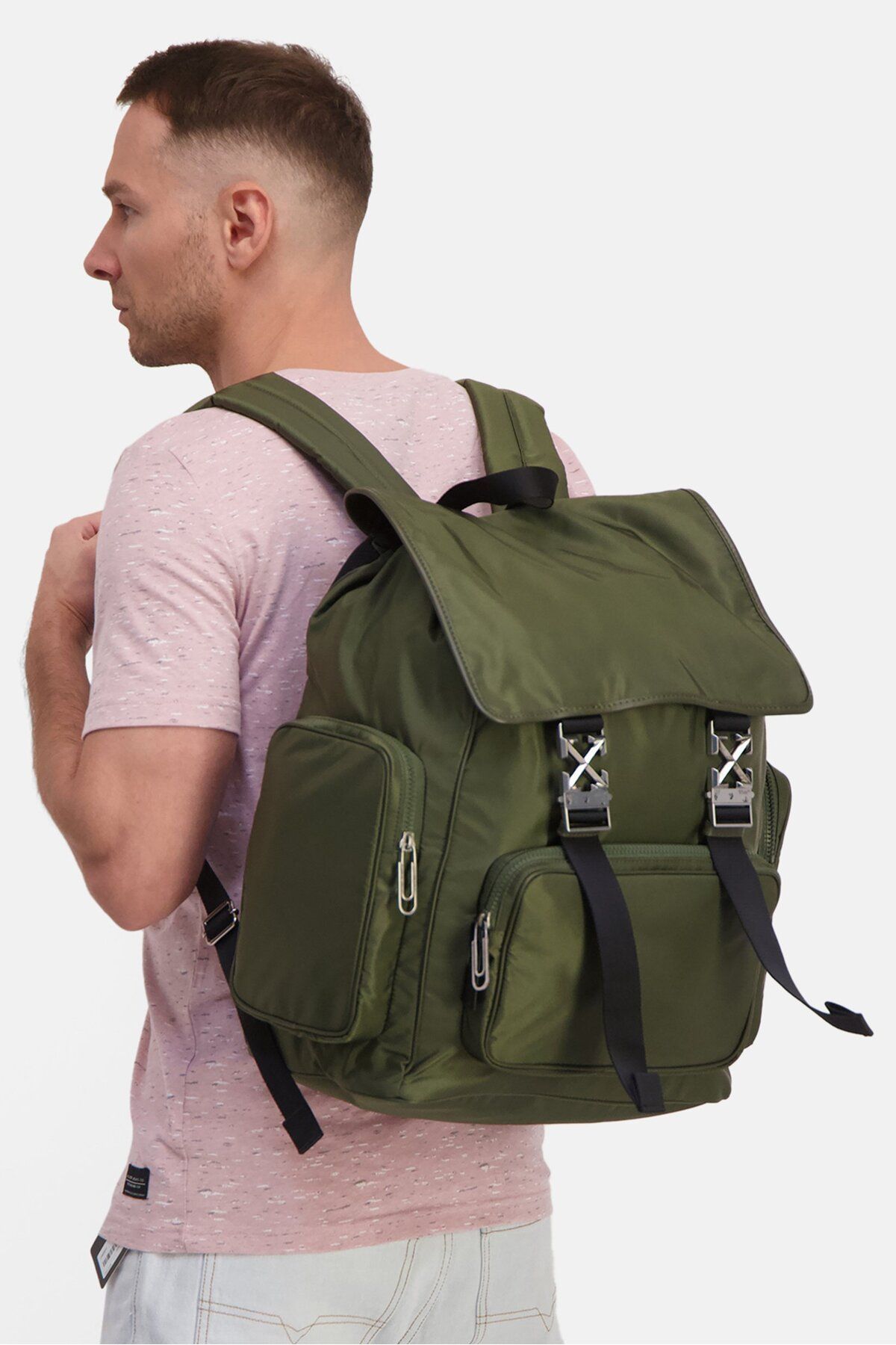 OFF WHITE-Men Arrow Tuck Nylon Backpack 37 H x 40 L x 22 W cm, Olive 2