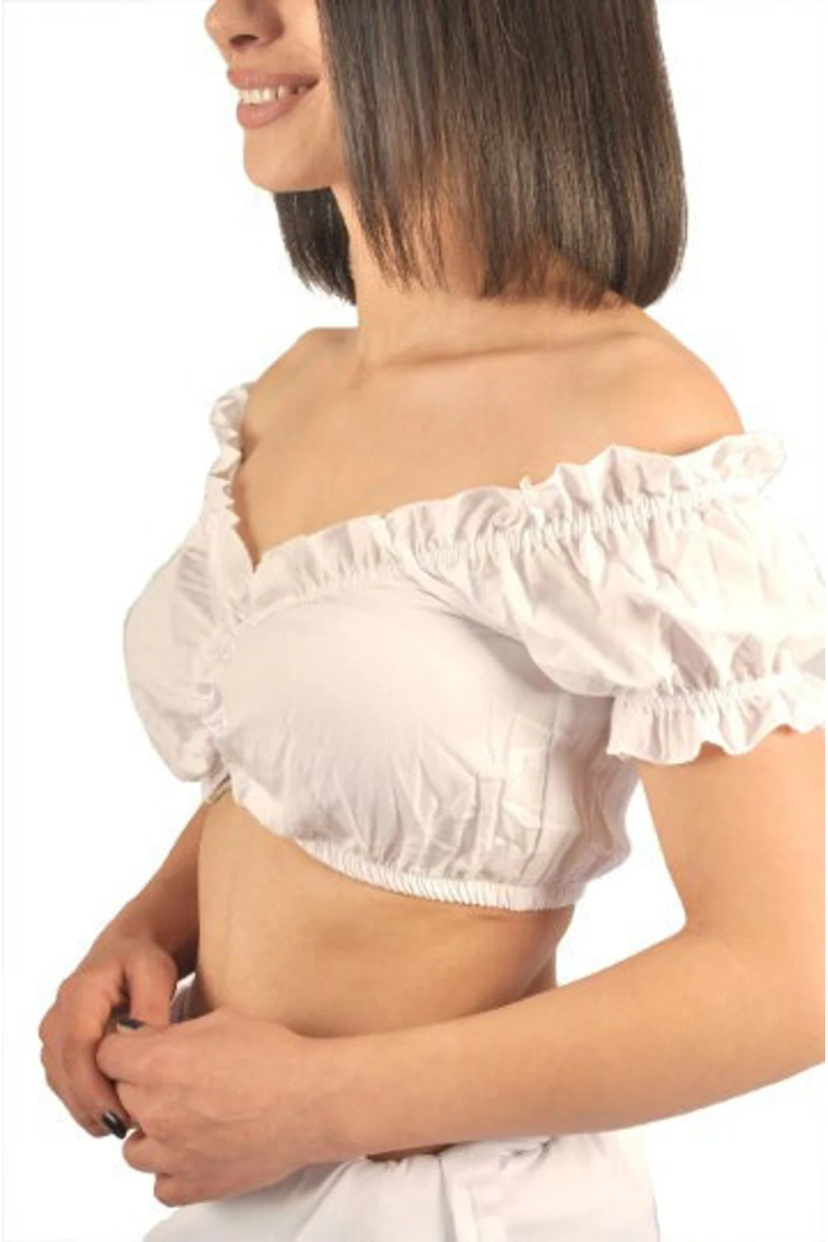mbderoos Crop Dirndl Blouse, Folk Puffy Sleeve Top, White Frill Crop Top görsel 2