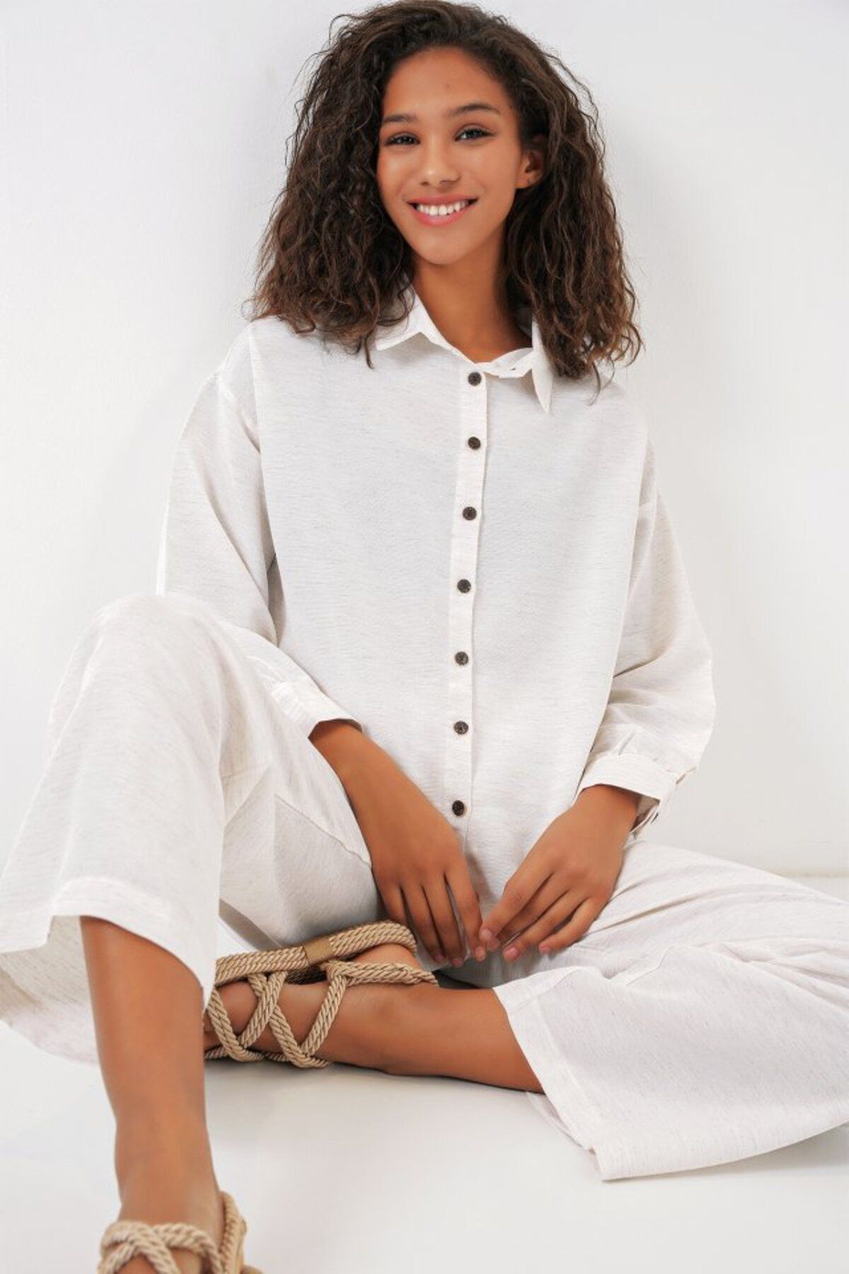 magic special Krem Oversize Keten Alt Üst Takım 6622