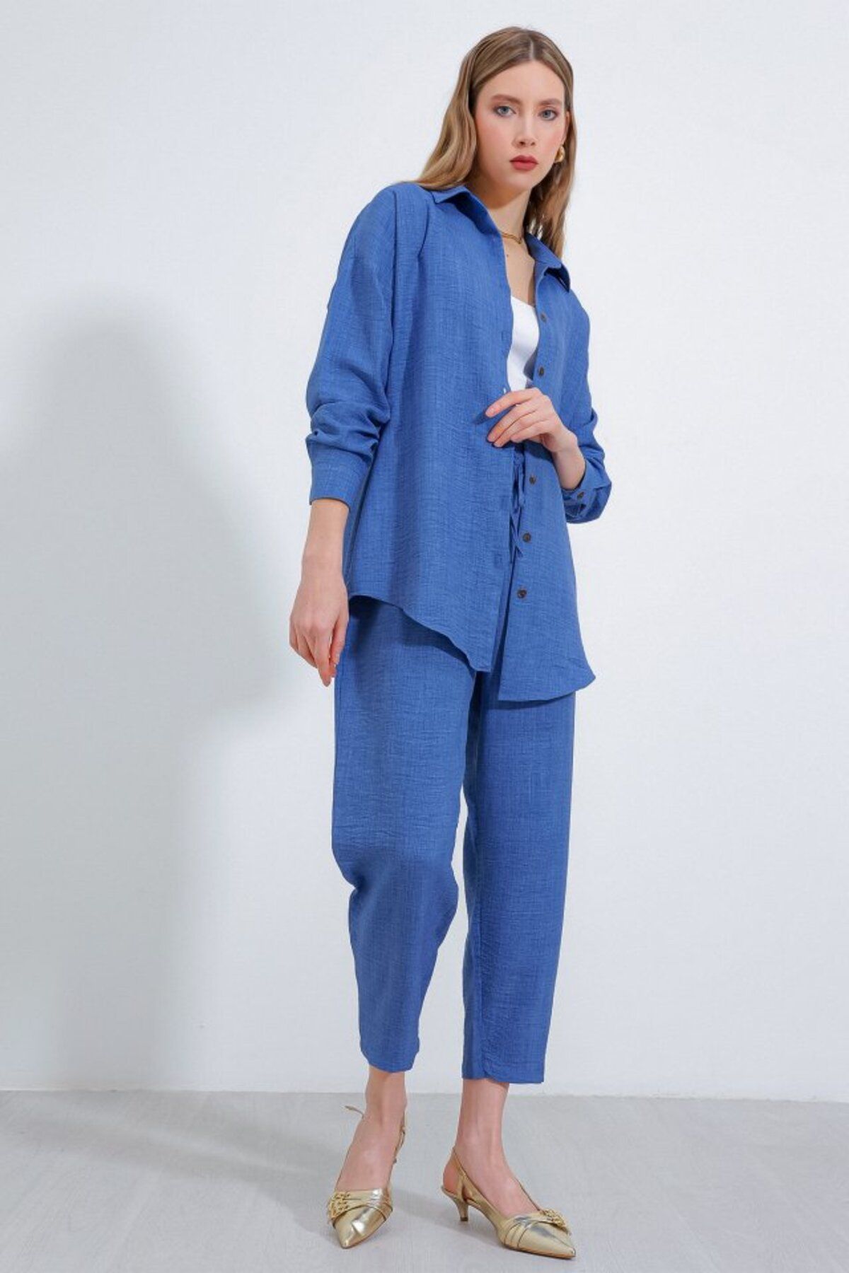 novafems İndigo Oversize Keten Alt Üst Takım 6622