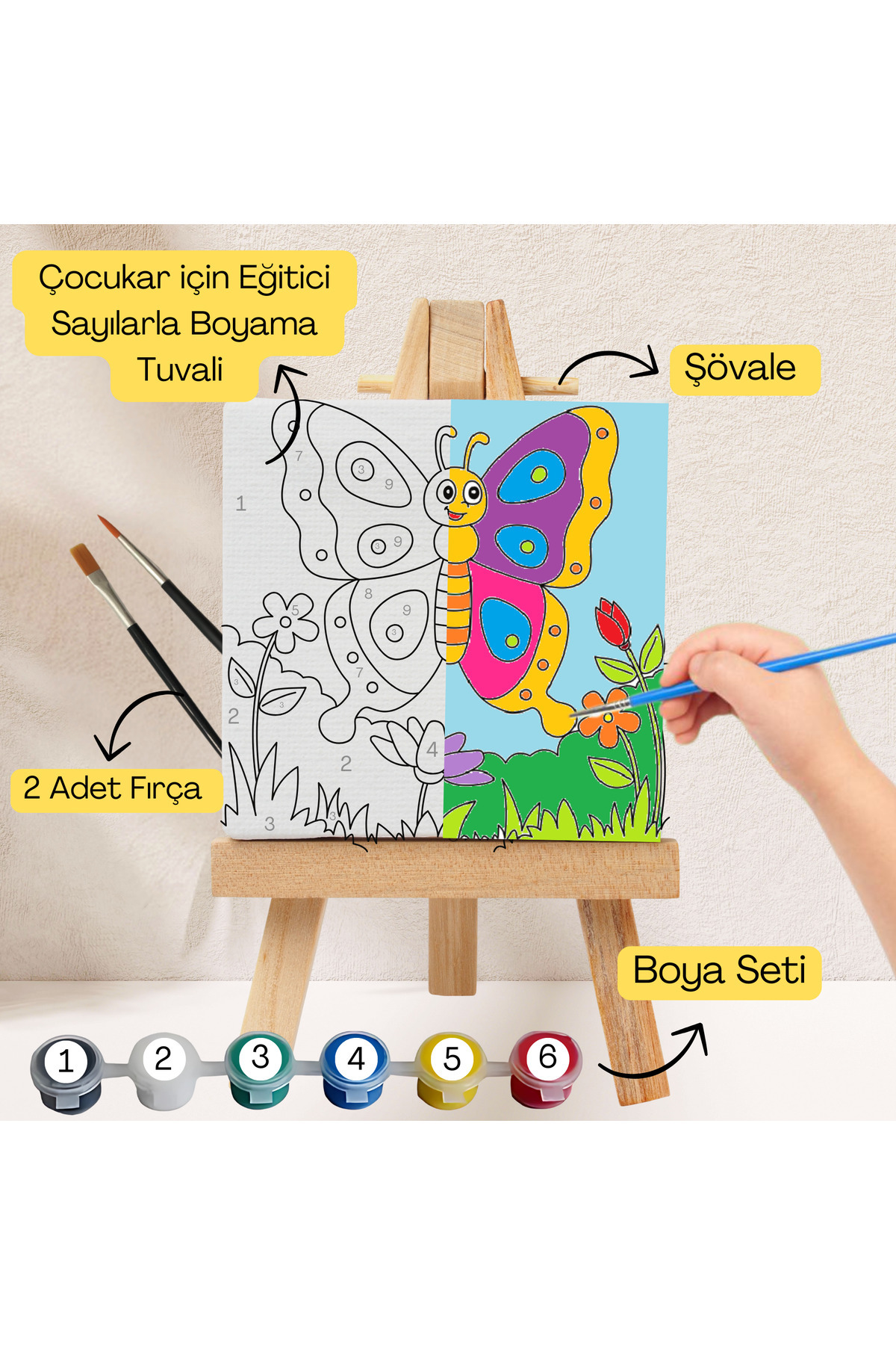 hediye hobim Çocuklar İçin Eğitici Sayılarla Boyama Seti Kelebek–20x20 Tuval,Şövale,Boya&Fırça ,Sanat ve Zeka