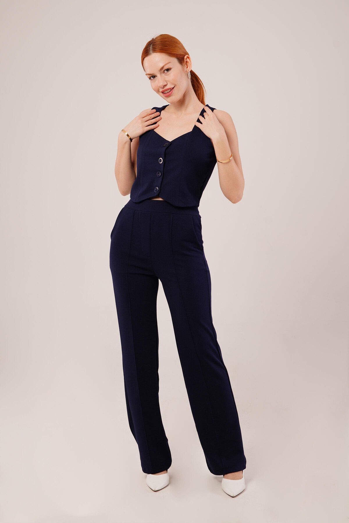 ASFSTORE Kalın Askılı Düğmeli Yelek Ve Pantolon Lacivert Takım