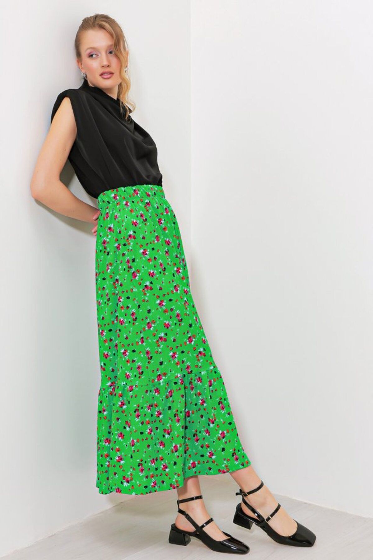 Kokosh moda Yeşil Çiçek Desenli Uzun Örme Etek 1886