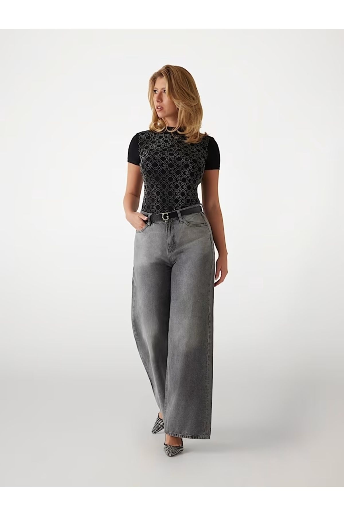 Guess Jeans Damska Czarna Koszulka Z Nadrukiem Guess Jeans - XL