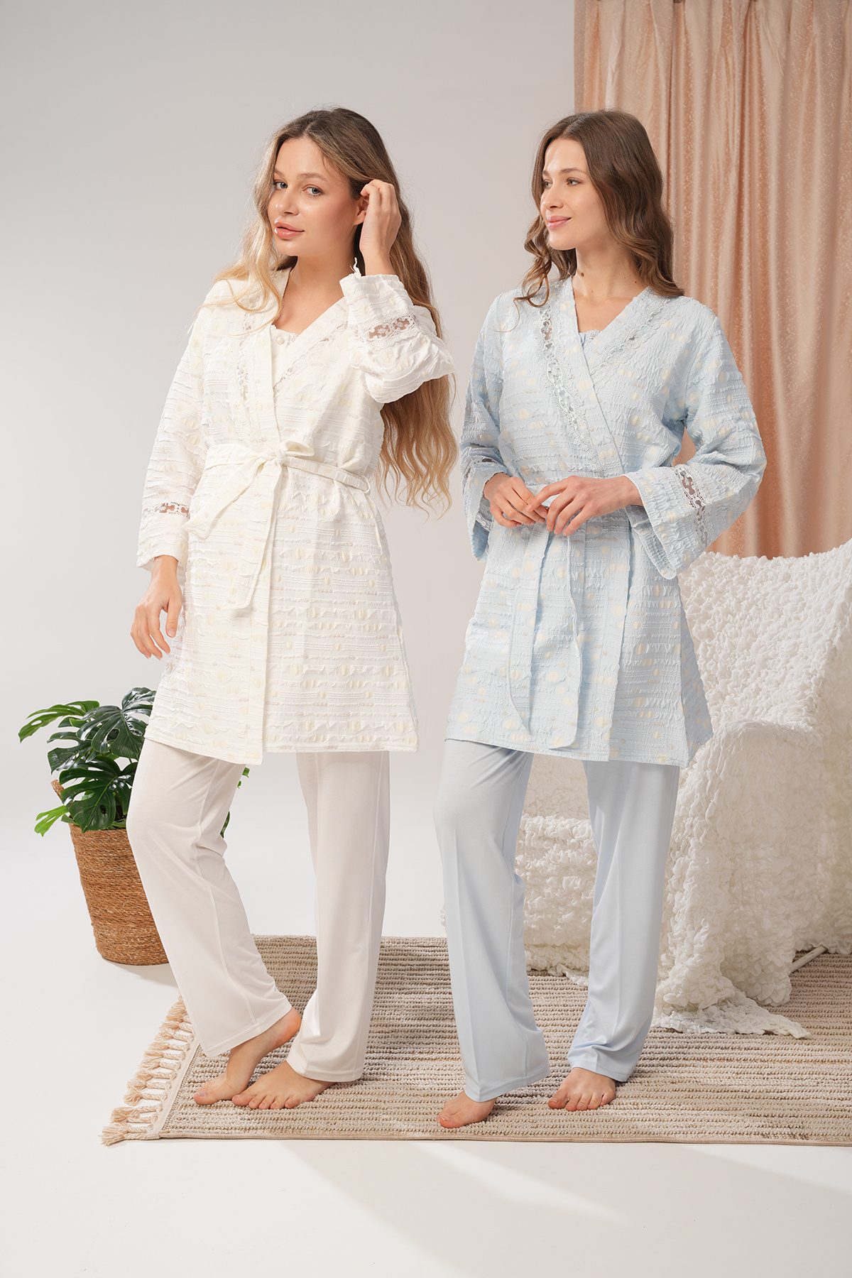 Lohussa Kadın Ekru Dokuma Yazlık Özel Tasarım Pamuk Hamile Lohusa Sabahlık Pijama Takımı Set