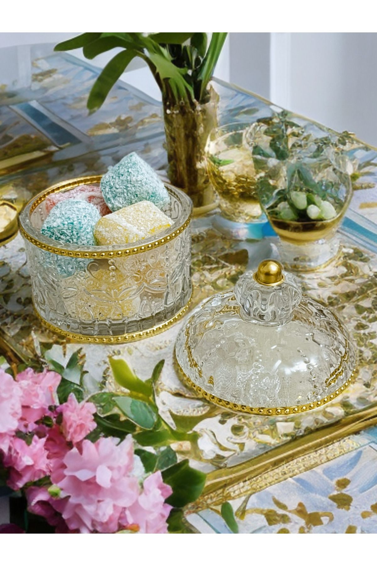 SAMSA-Crystal Decor Gold Glass Sugar Bowl and Turkish Delight Bowl Set 1 Piece 6