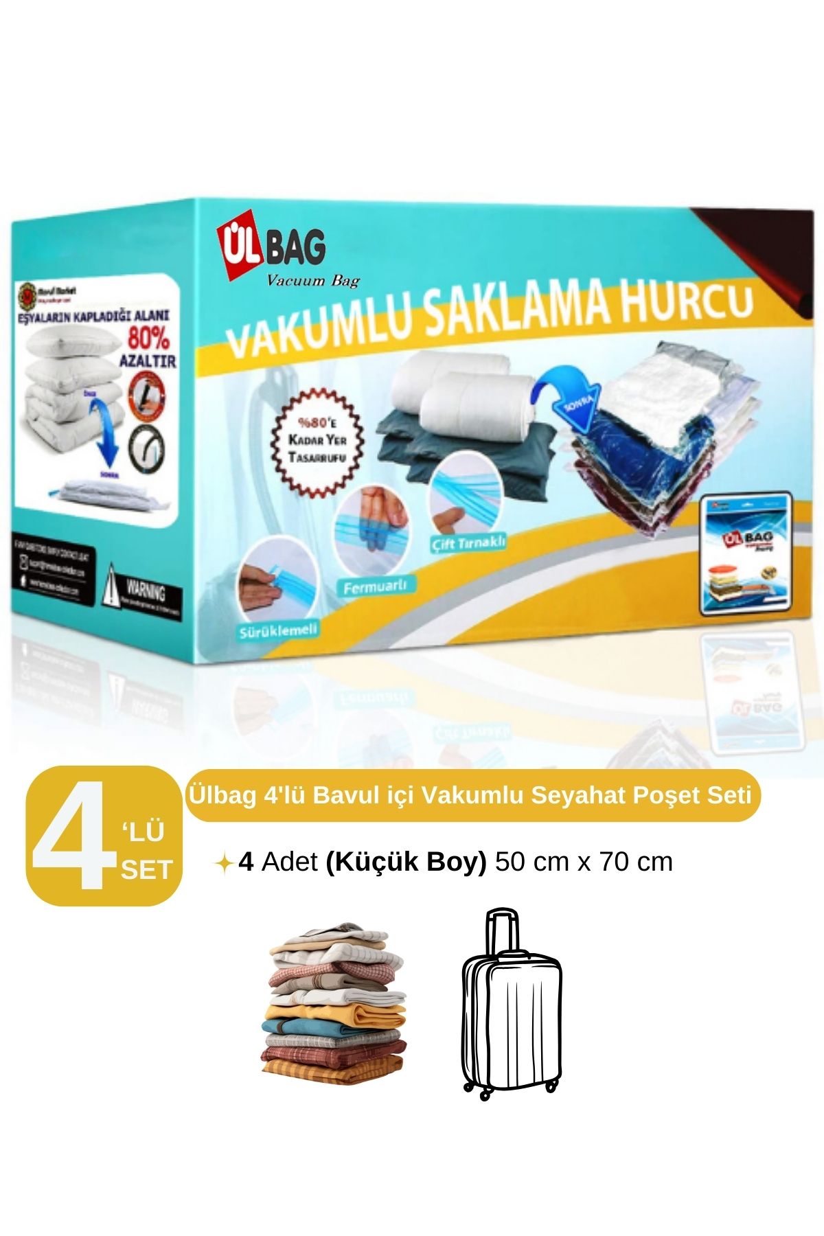 ÜLBAG Set De 4 Pungi De Depozitare Cu Vid 50 Cm X 70 Cm Valiză - Sac De Vid - Sac De Vid - One Size