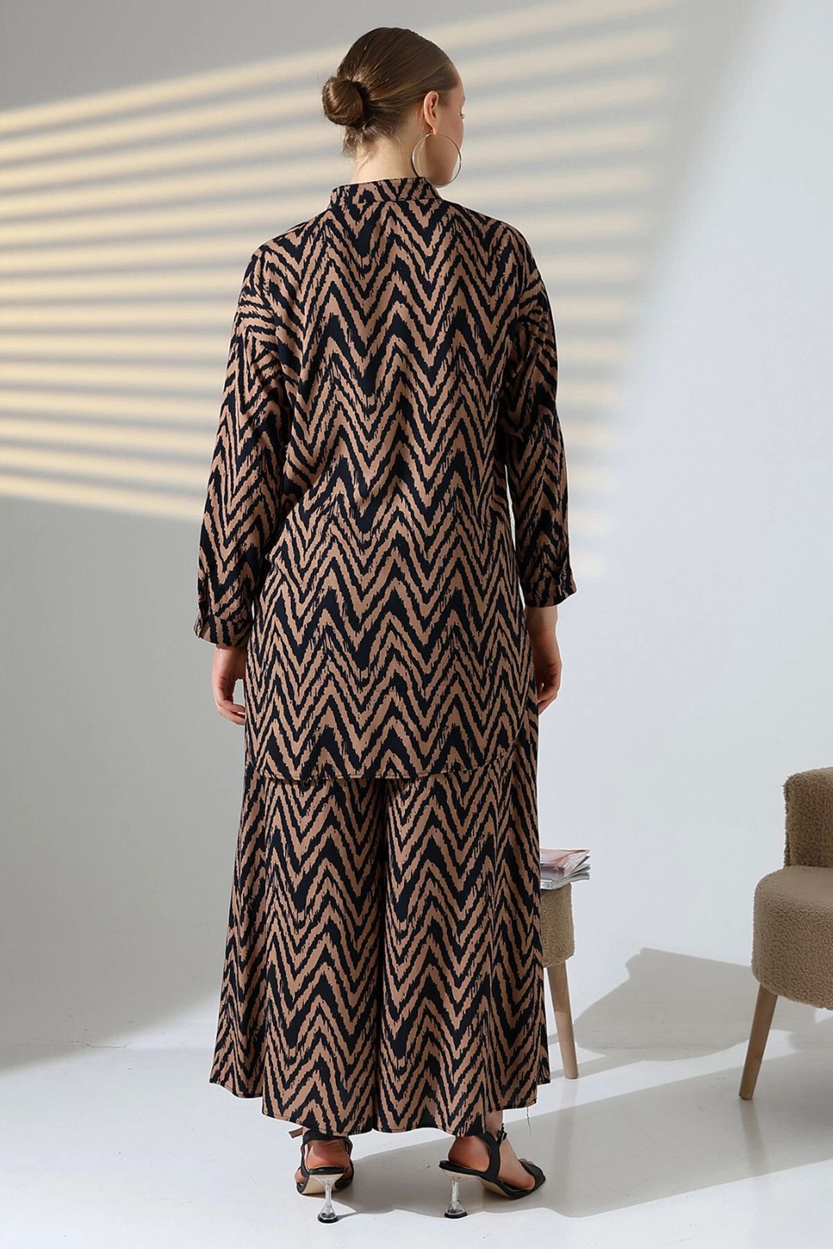 bacc-Brown Judge Collar Zigzag Patterned Shirt and Trousers Woven Bottom Top Set Bcvl-25V053-1 6