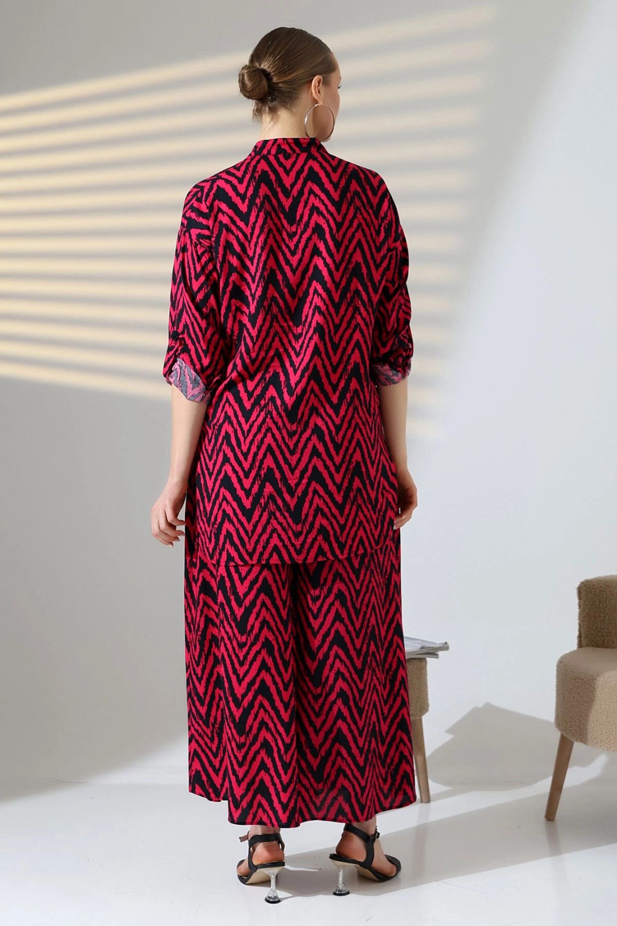 bacc-Fuchsia Judge Collar Zigzag Patterned Shirt and Trousers Woven Bottom Top Set Bcvl-25V053-1 8